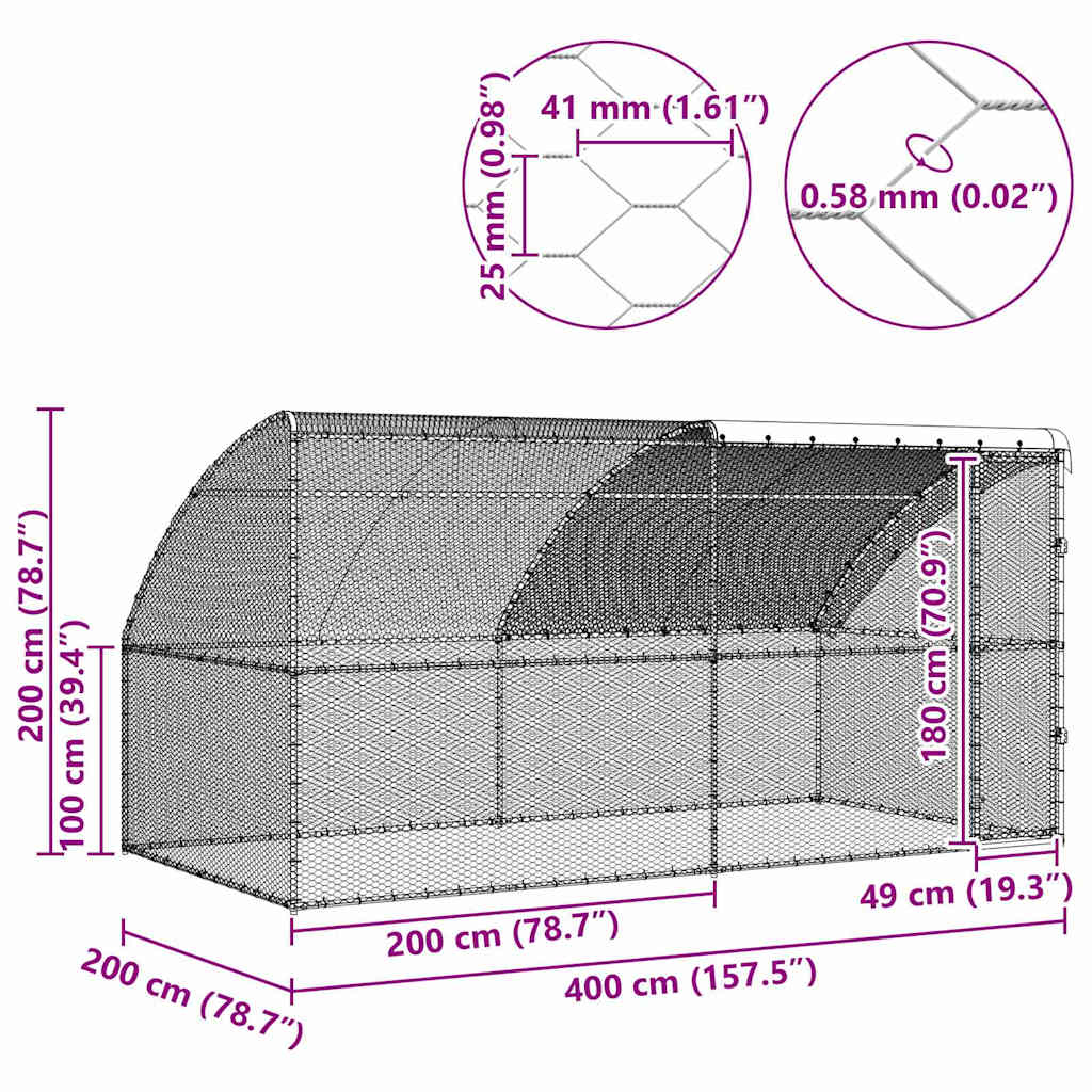 vidaXL Kippenhok Zilver 400 x 200 x 198.5 cm Gegalvaniseerd staal