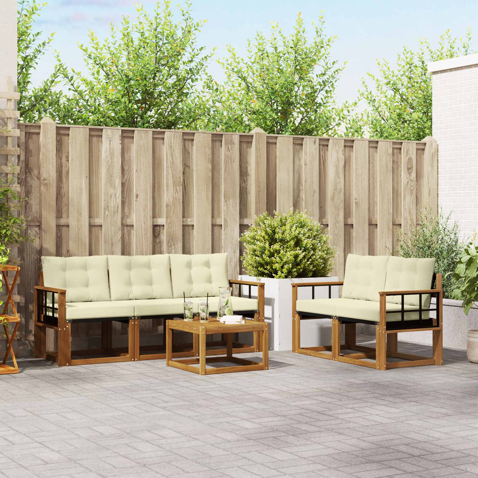 vidaXL Buiten bankenset met kussen 6 pcs Natuurlijk en Crème