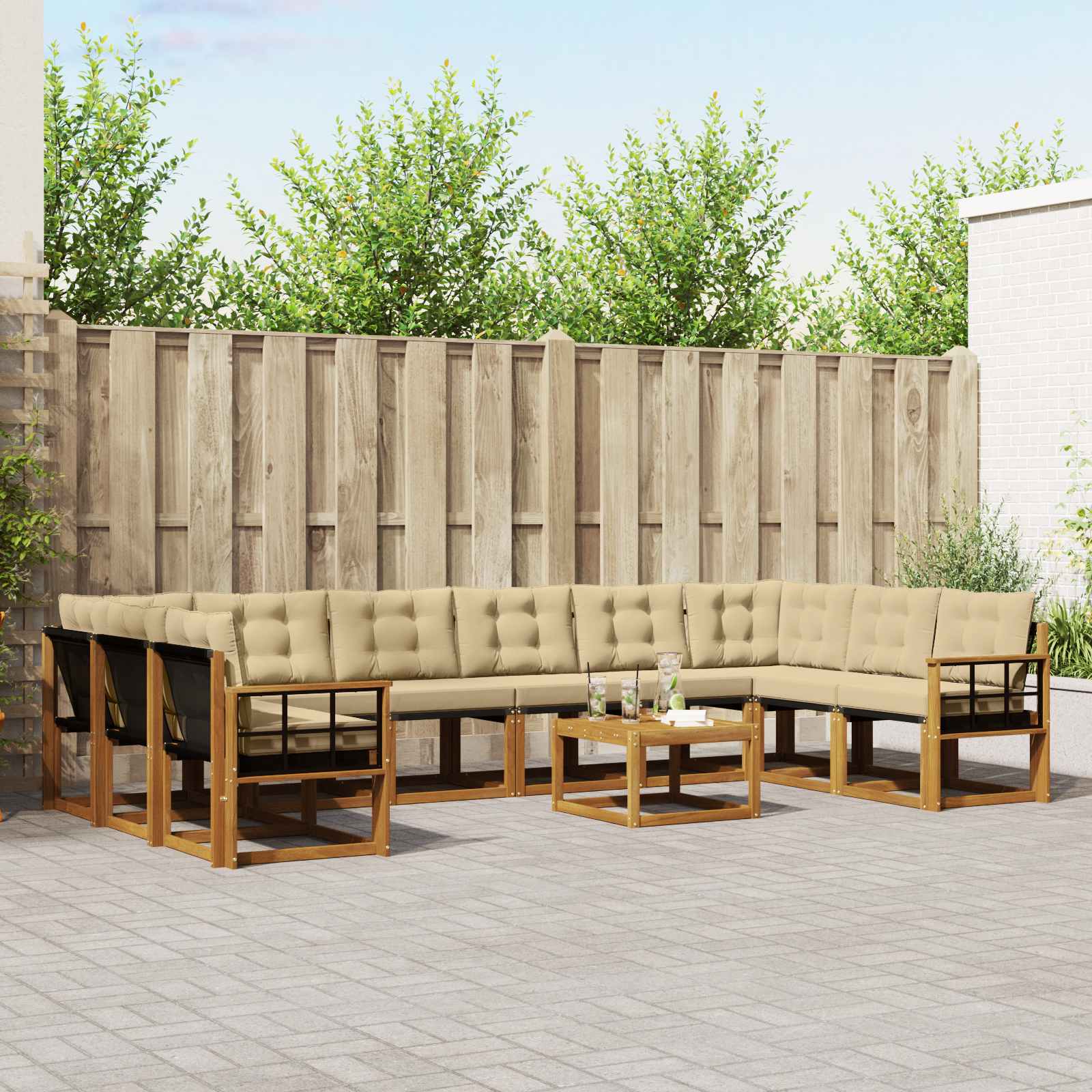 vidaXL Buiten bankenset met kussen 11 pcs Natuurlijk en Crème