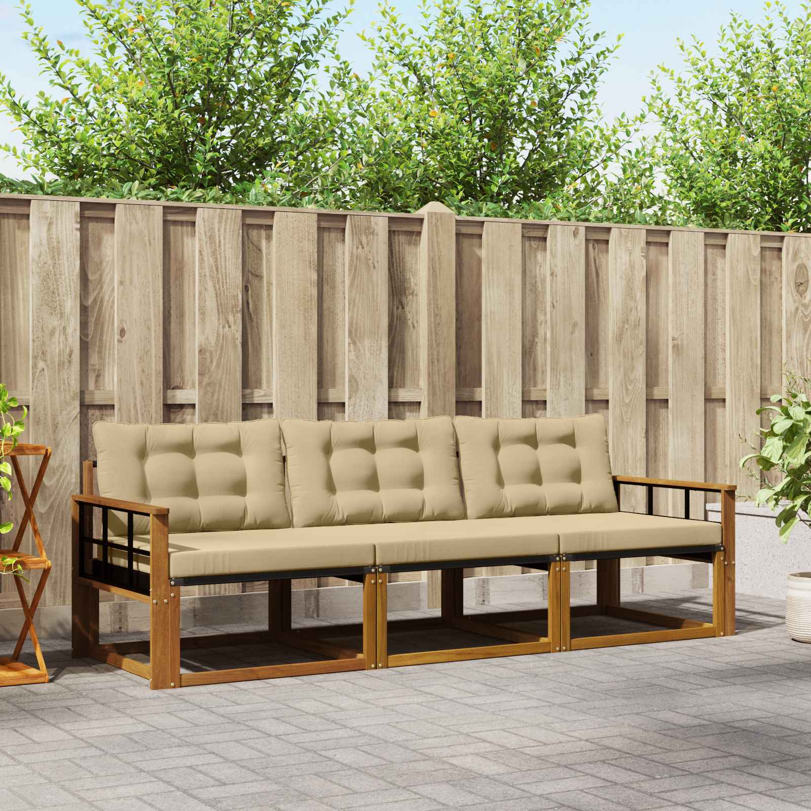 vidaXL Buiten bankenset met kussen 3 pcs Natuurlijk en Crème
