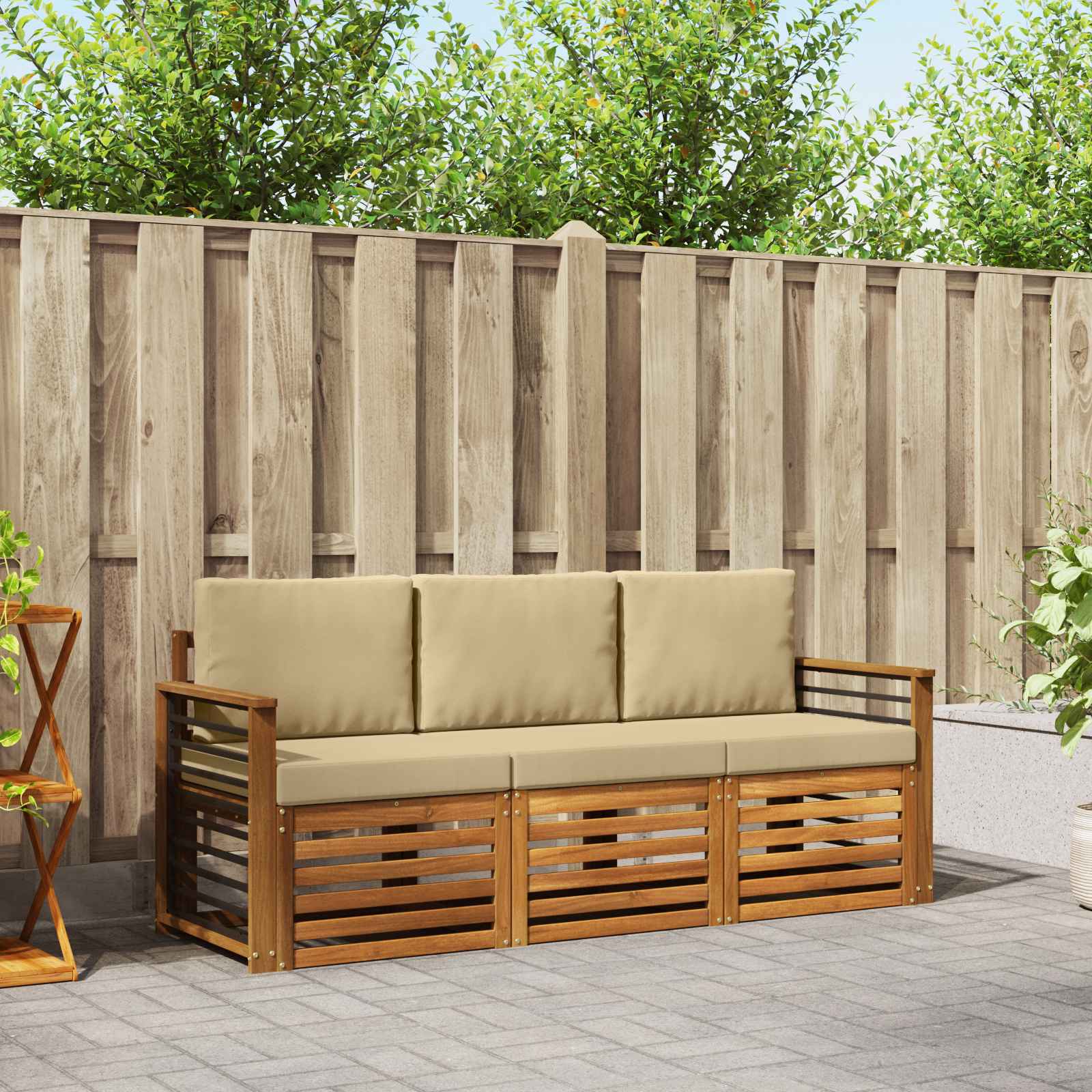vidaXL Sofa-Sets 3 pcs Natuurlijk en Crème Massief Acaciahout