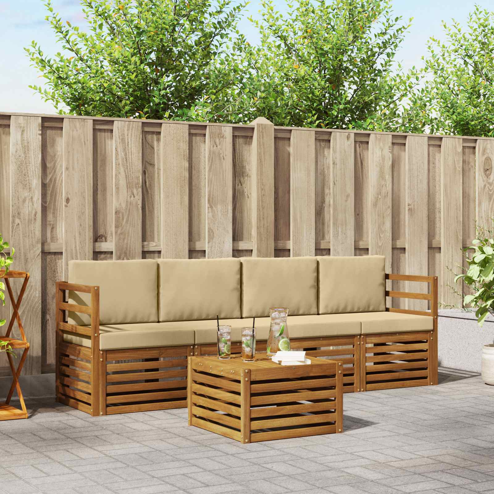 vidaXL Sofa-Sets 5 pcs Natuurlijk en Crème Massief Acaciahout