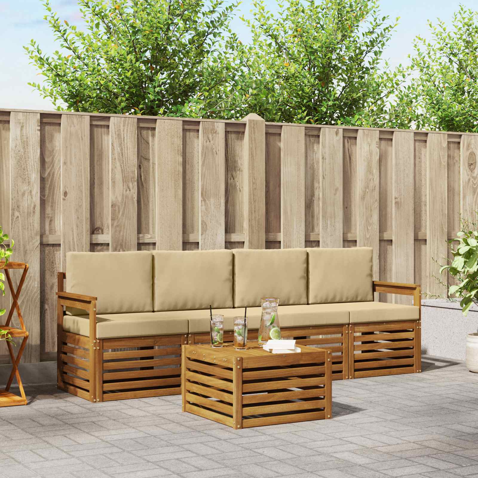 vidaXL Sofa-Sets 5 pcs Natuurlijk en Crème Massief Acaciahout