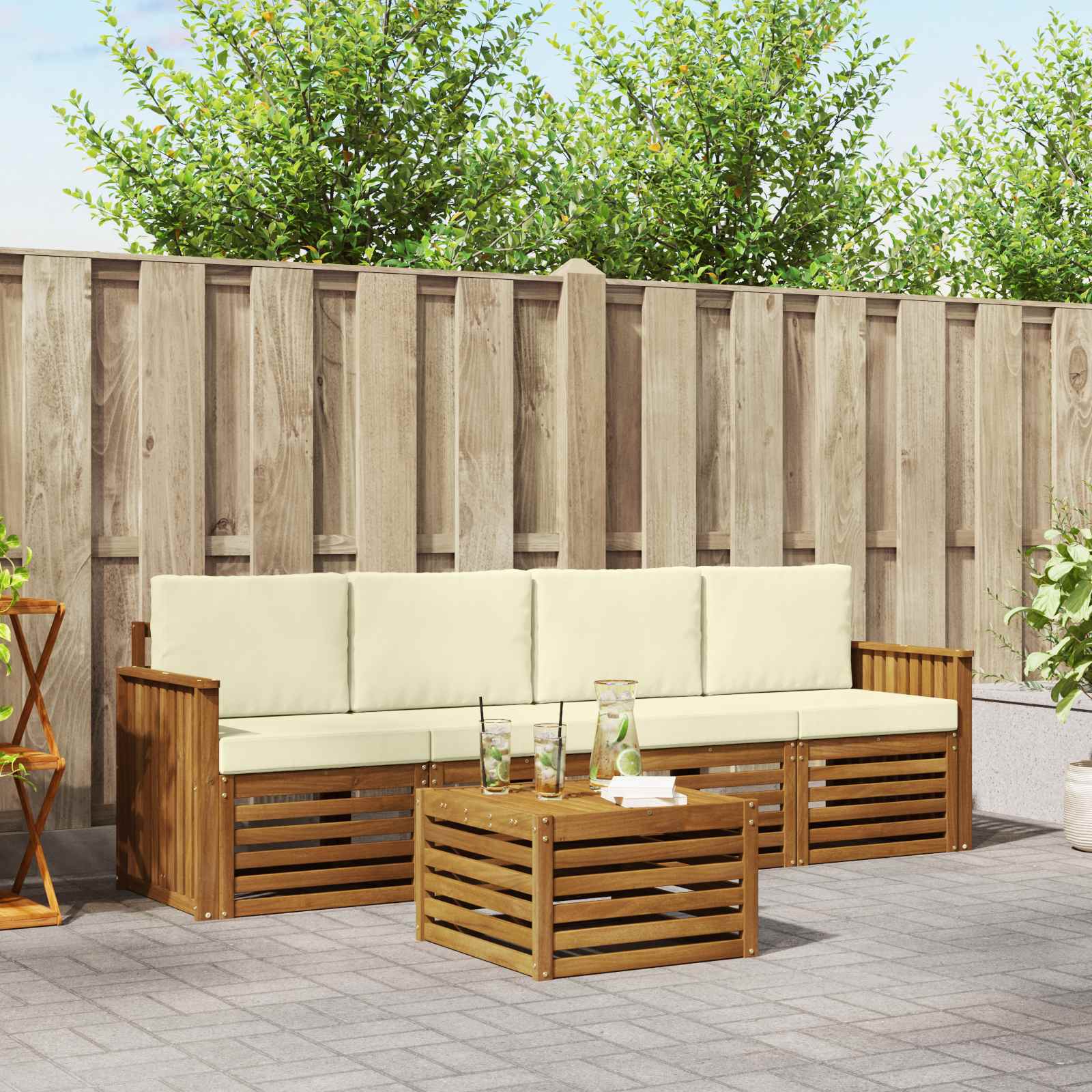 vidaXL Sofa-Sets 5 pcs Natuurlijk en Crème Massief Acaciahout