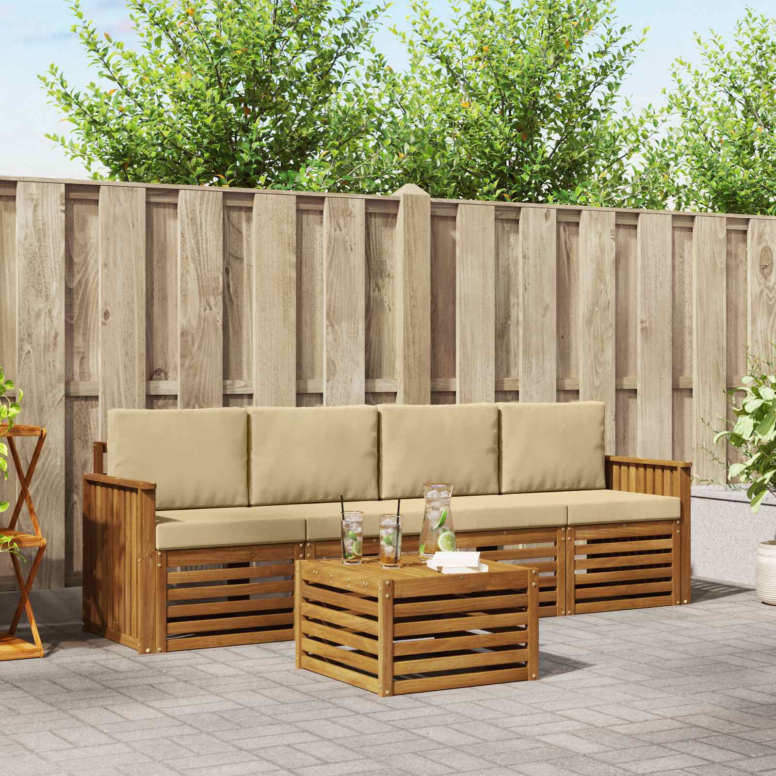 vidaXL Sofa-Sets 5 pcs Natuurlijk en Crème Massief Acaciahout