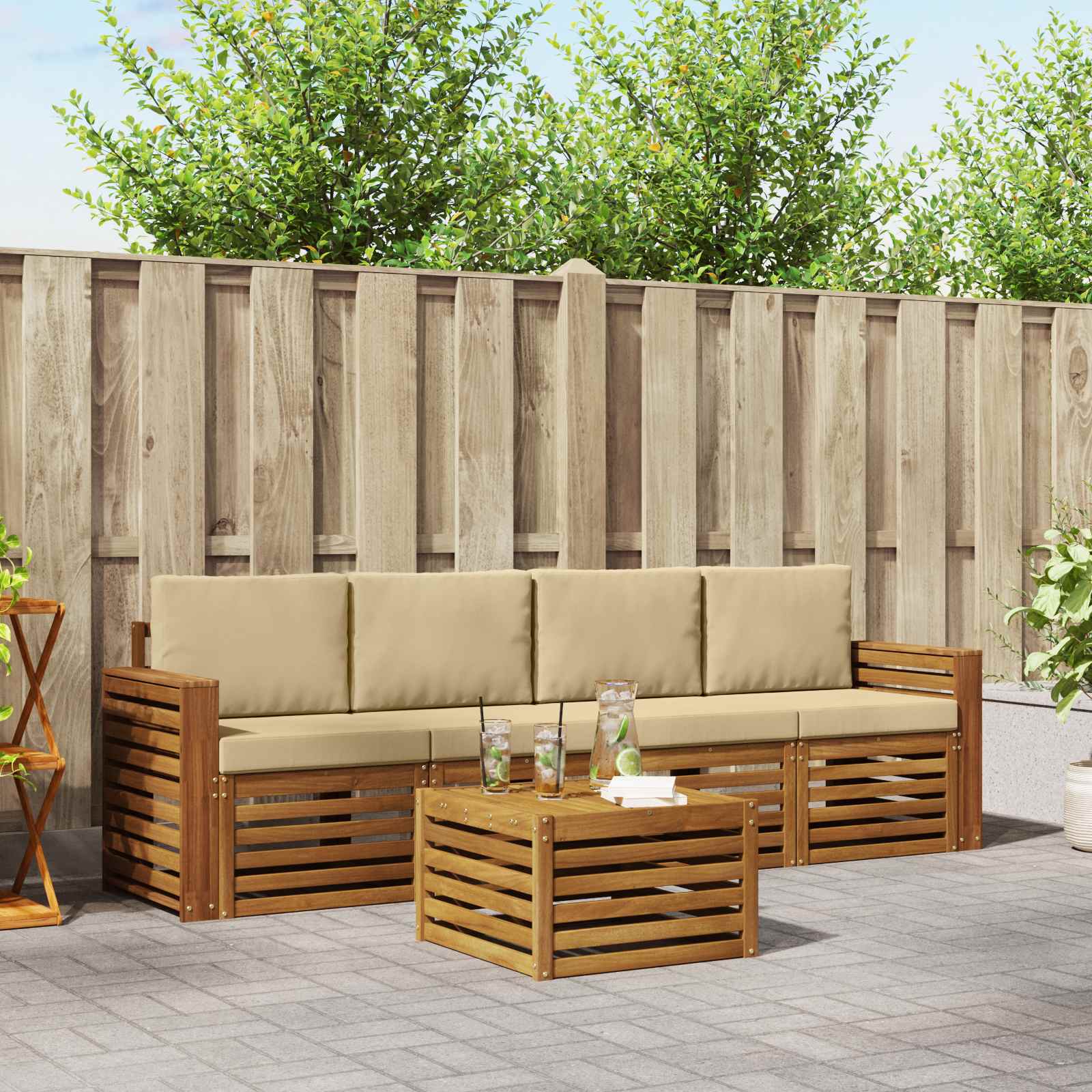 vidaXL Sofa-Sets 5 pcs Natuurlijk en Crème Massief Acaciahout