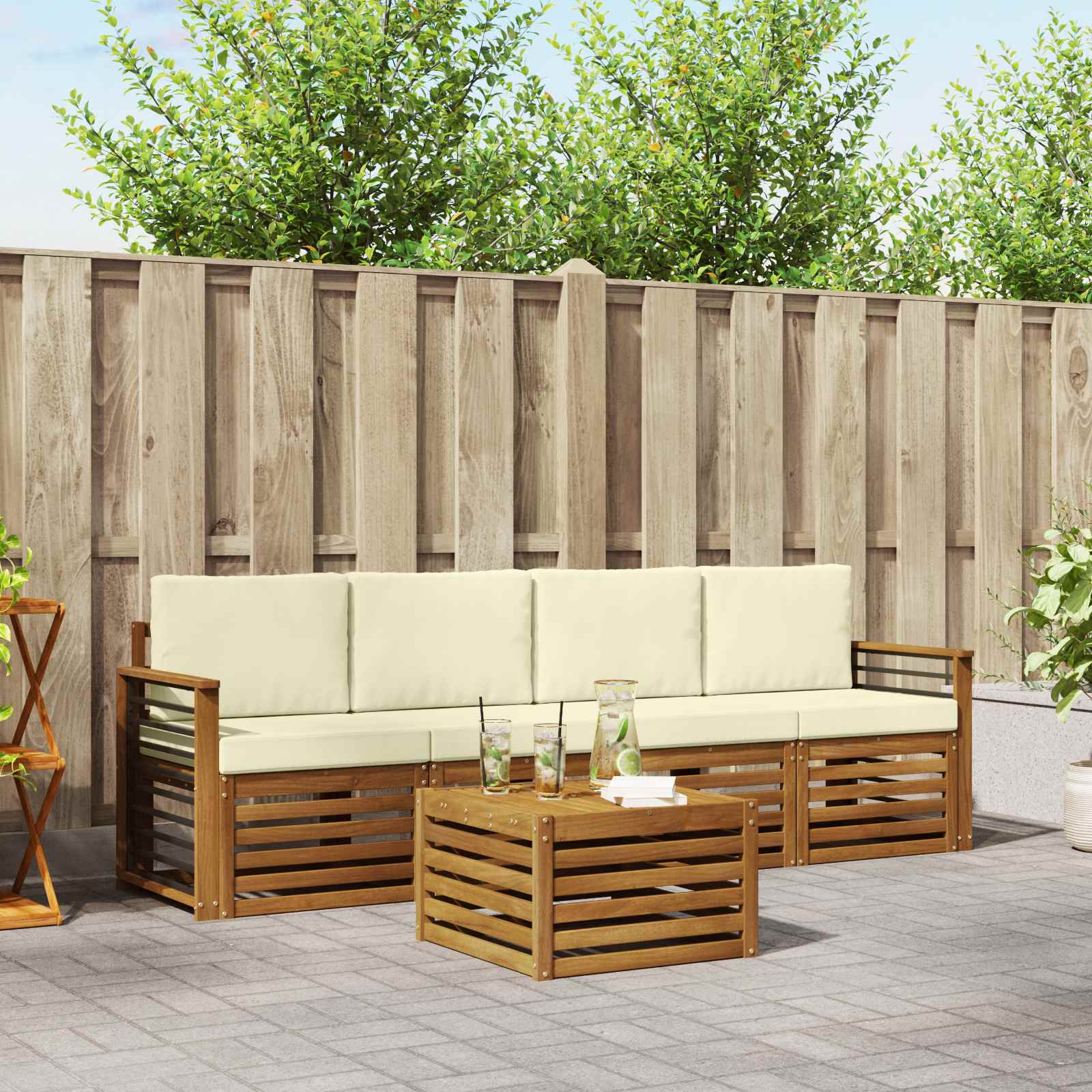 vidaXL Sofa-Sets 5 pcs Natuurlijk en Crème Massief Acaciahout