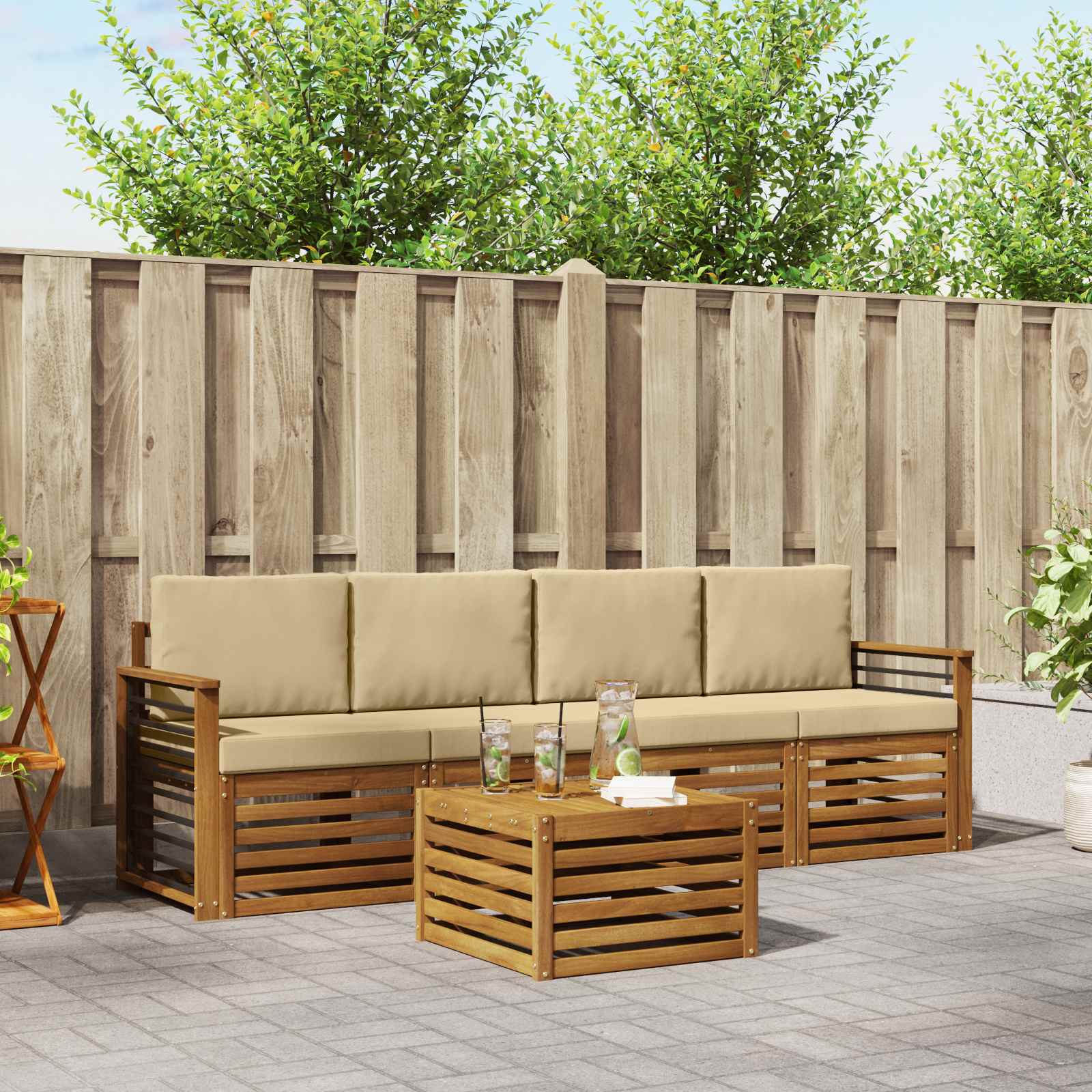 vidaXL Sofa-Sets 5 pcs Natuurlijk en Crème Massief Acaciahout