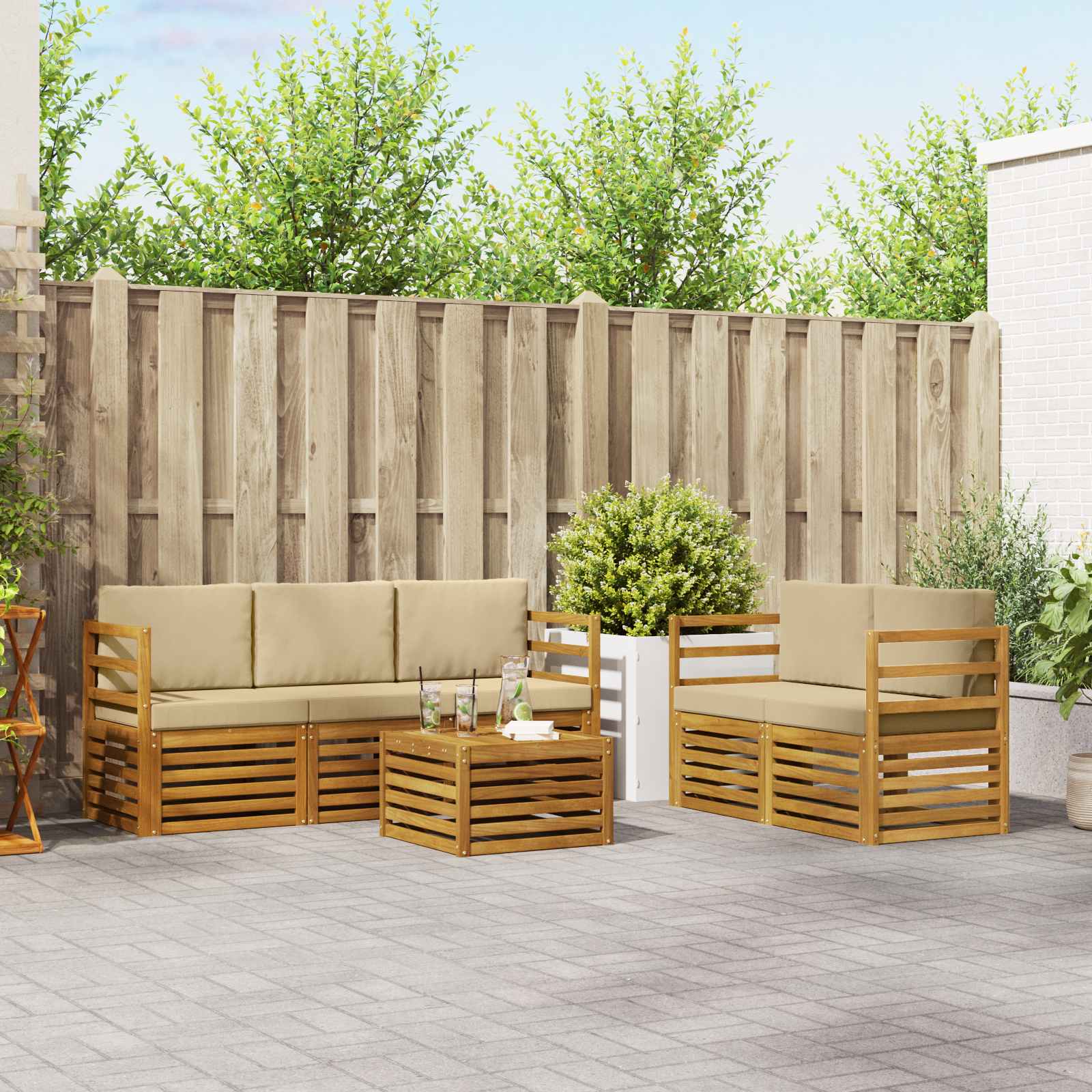 vidaXL Sofa-Sets 6 pcs Natuurlijk en Crème Massief Acaciahout