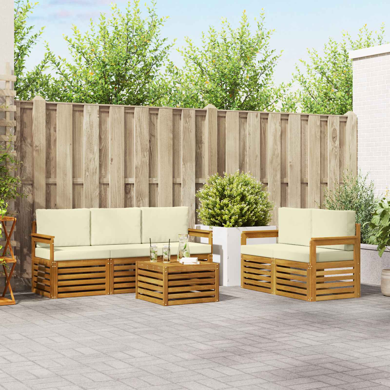 vidaXL Sofa-Sets 6 pcs Natuurlijk en Crème Massief Acaciahout