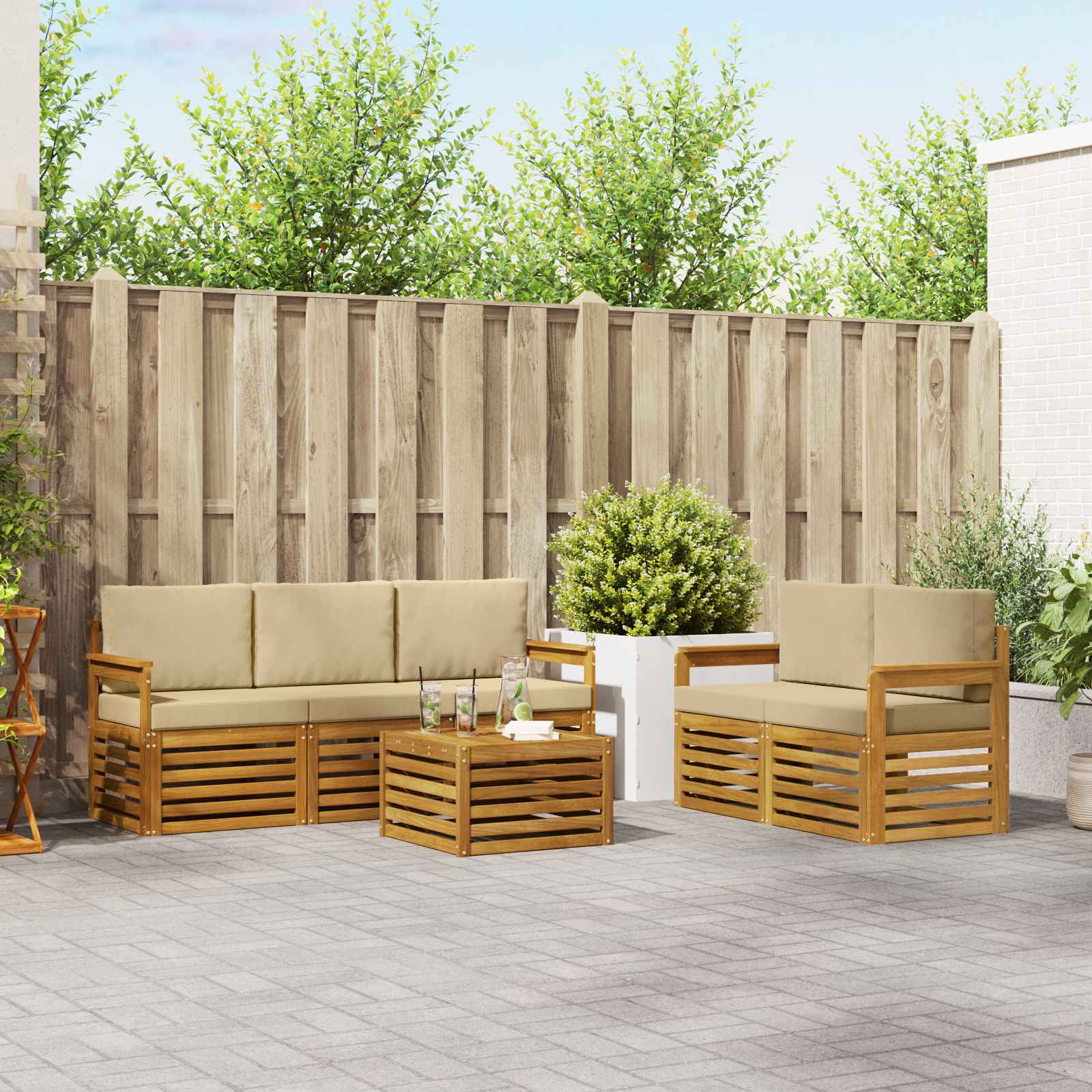 vidaXL Sofa-Sets 6 pcs Natuurlijk en Crème Massief Acaciahout