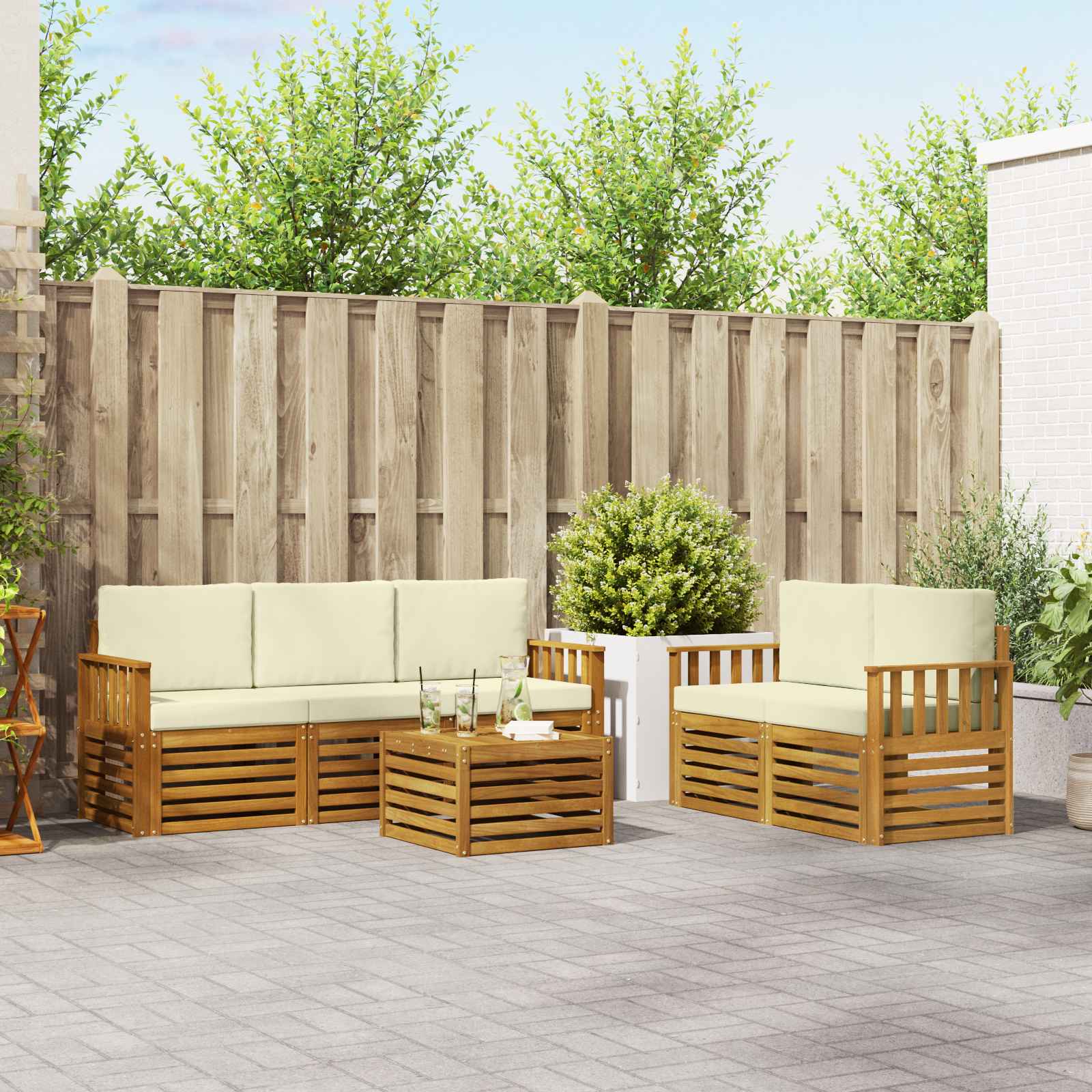 vidaXL Sofa-Sets 6 pcs Natuurlijk en Crème Massief Acaciahout