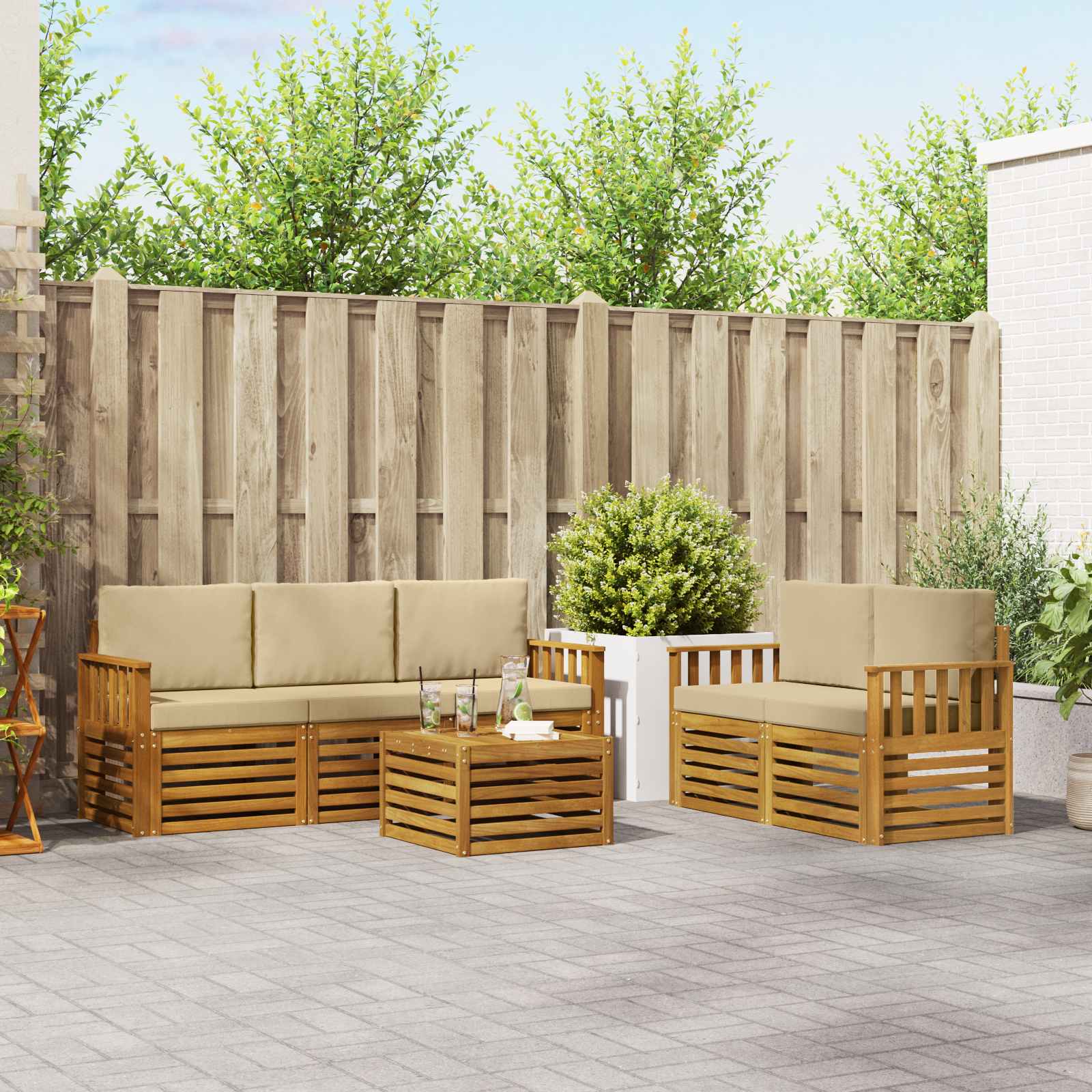 vidaXL Sofa-Sets 6 pcs Natuurlijk en Crème Massief Acaciahout