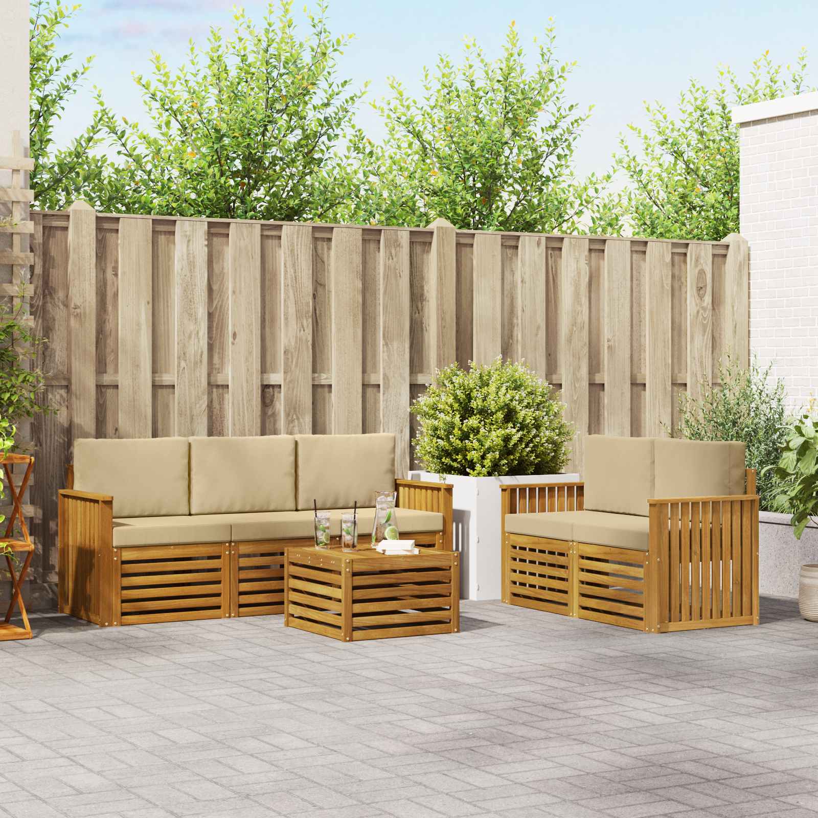 vidaXL Sofa-Sets 6 pcs Natuurlijk en Crème Massief Acaciahout