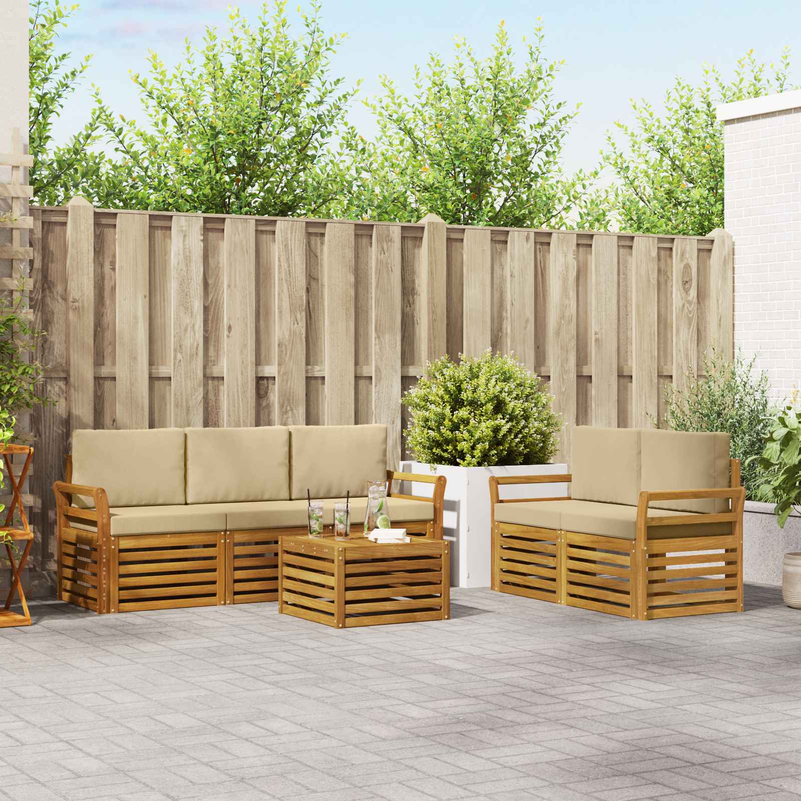 vidaXL Sofa-Sets 6 pcs Natuurlijk en Crème Massief Acaciahout