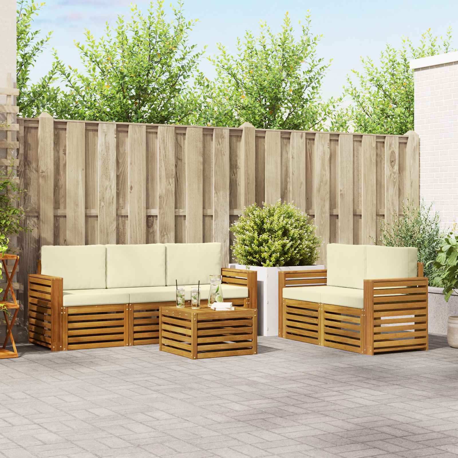 vidaXL Sofa-Sets 6 pcs Natuurlijk en Crème Massief Acaciahout