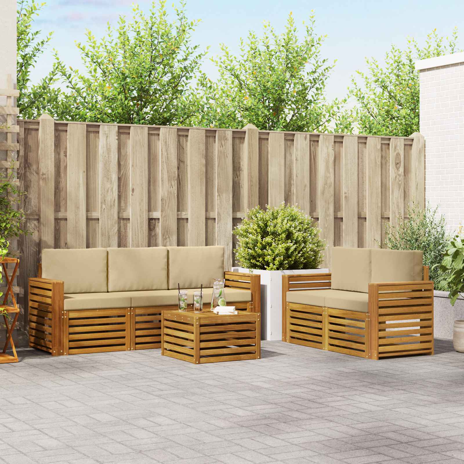 vidaXL Sofa-Sets 6 pcs Natuurlijk en Crème Massief Acaciahout