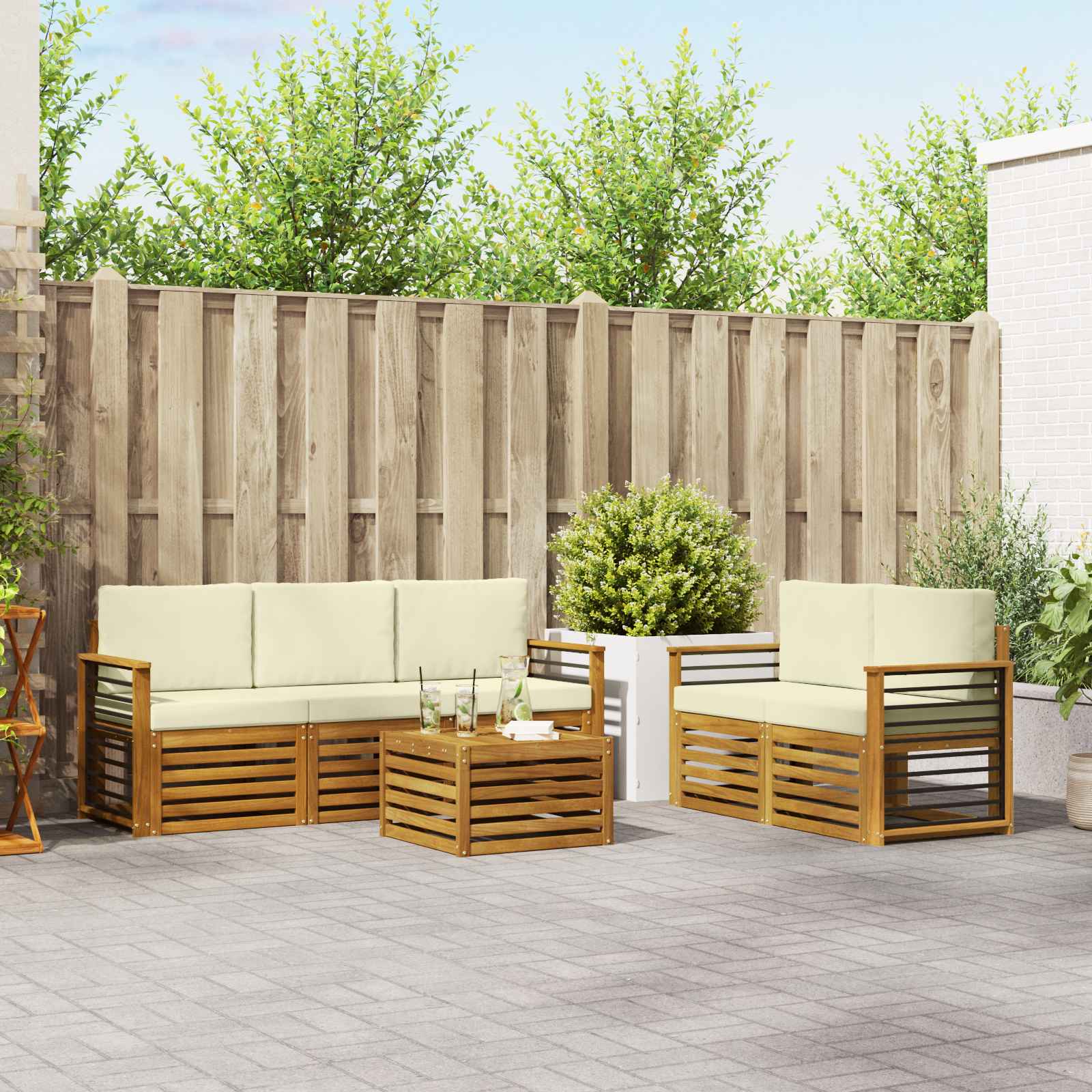 vidaXL Sofa-Sets 6 pcs Natuurlijk en Crème Massief Acaciahout