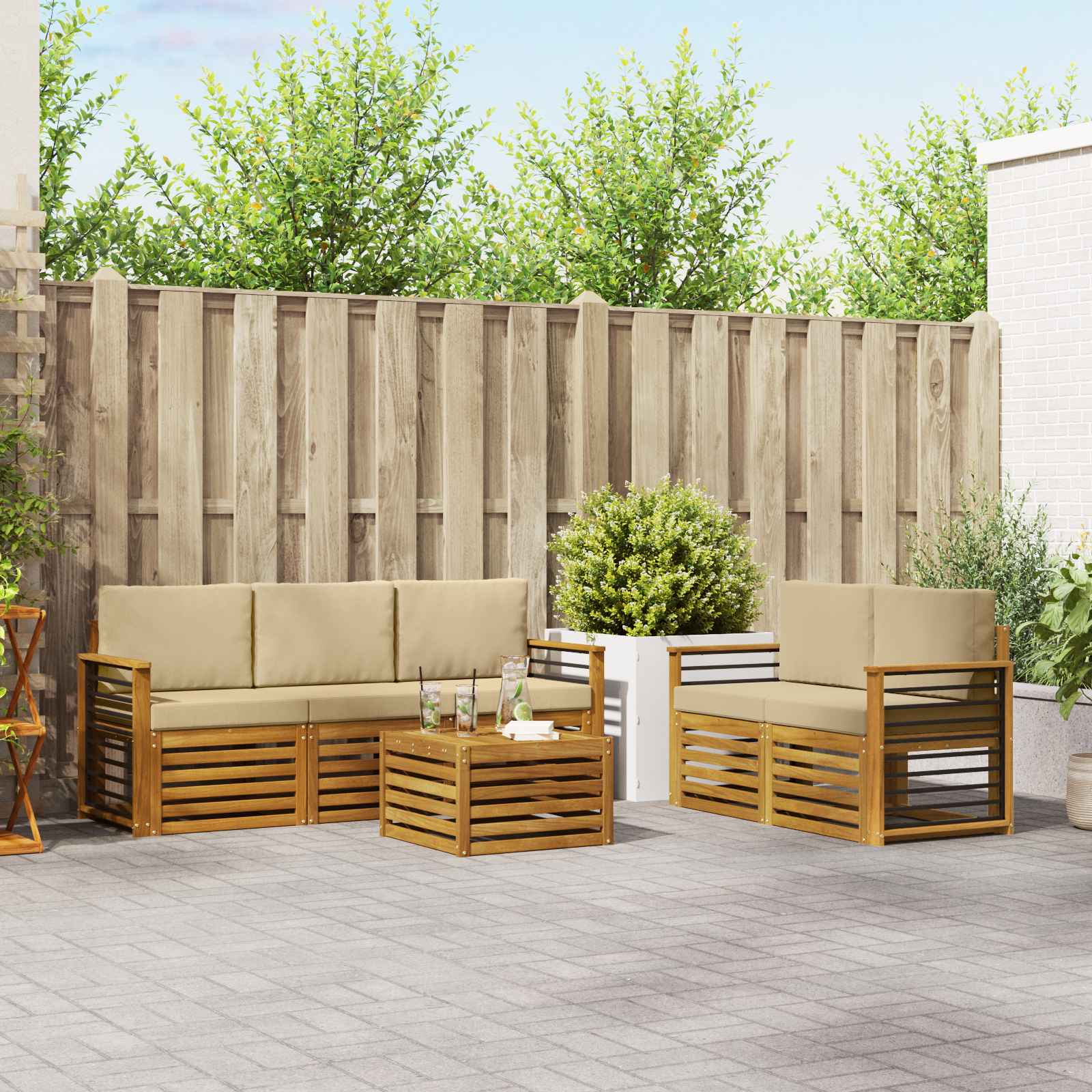 vidaXL Sofa-Sets 6 pcs Natuurlijk en Crème Massief Acaciahout