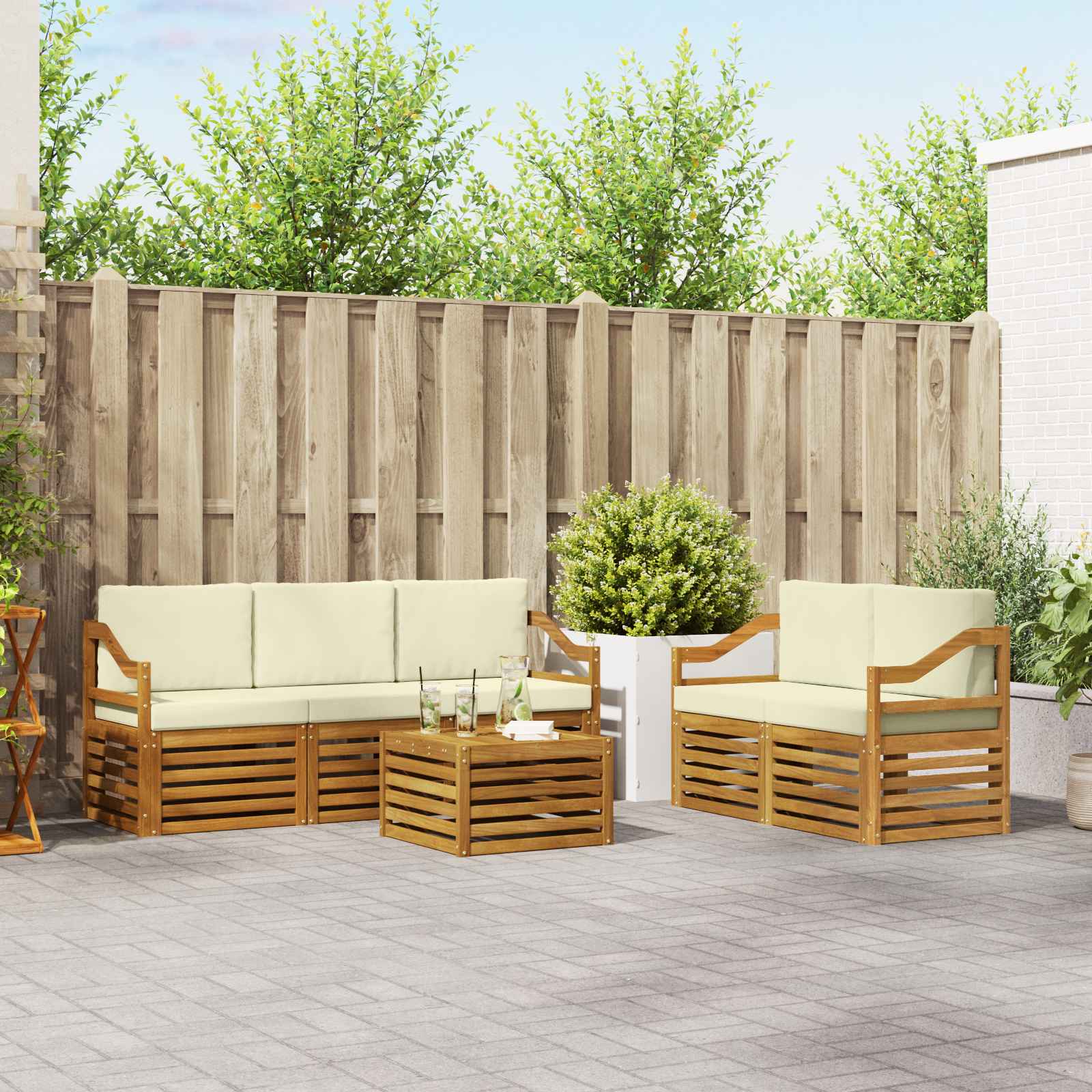 vidaXL Sofa-Sets 6 pcs Natuurlijk en Crème Massief Acaciahout