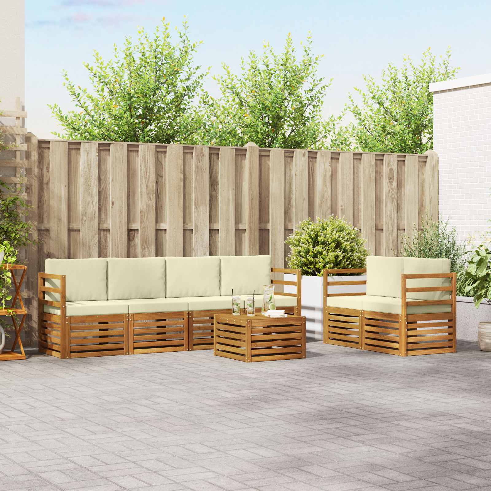 vidaXL Sofa-Sets 7 pcs Natuurlijk en Crème Massief Acaciahout
