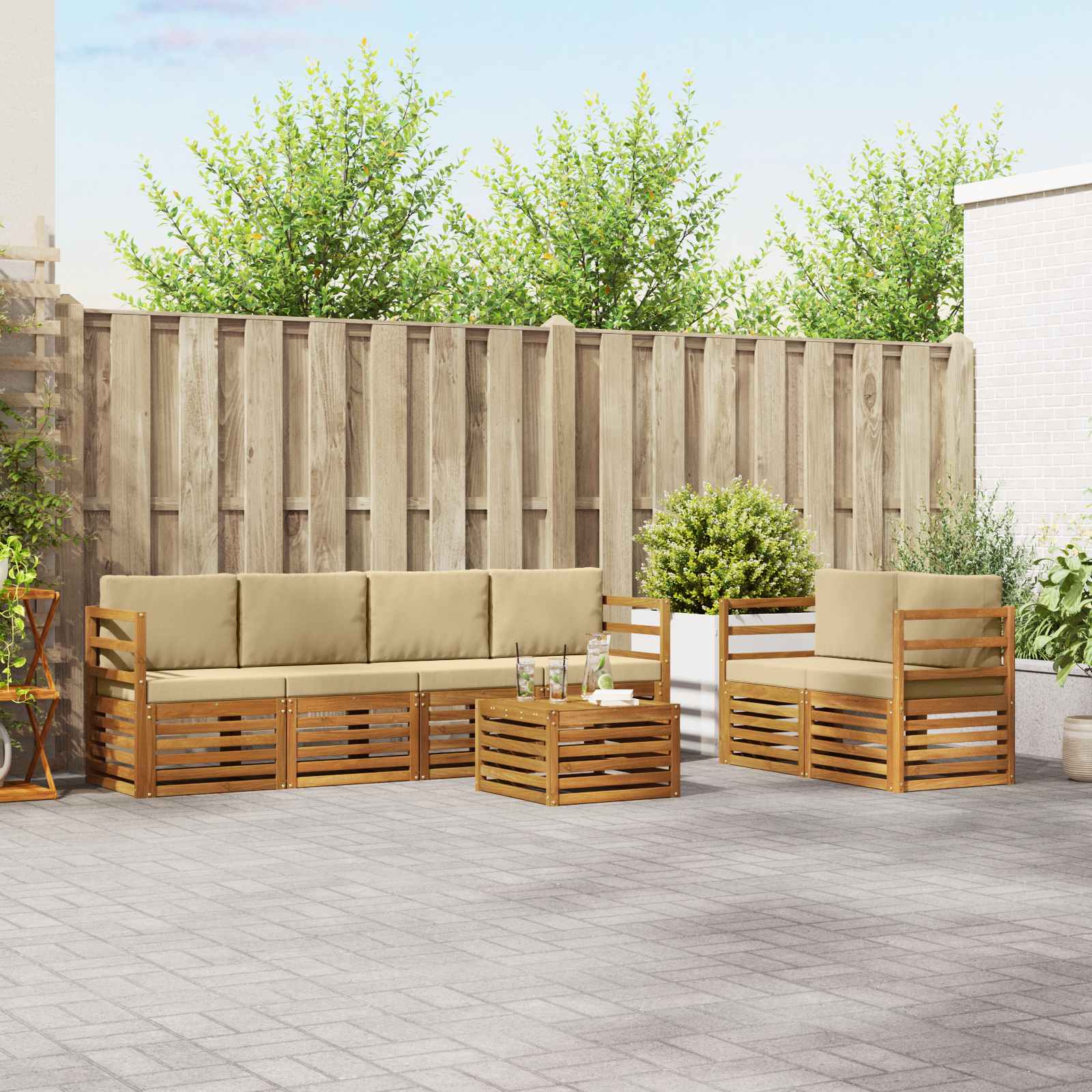 vidaXL Sofa-Sets 7 pcs Natuurlijk en Crème Massief Acaciahout