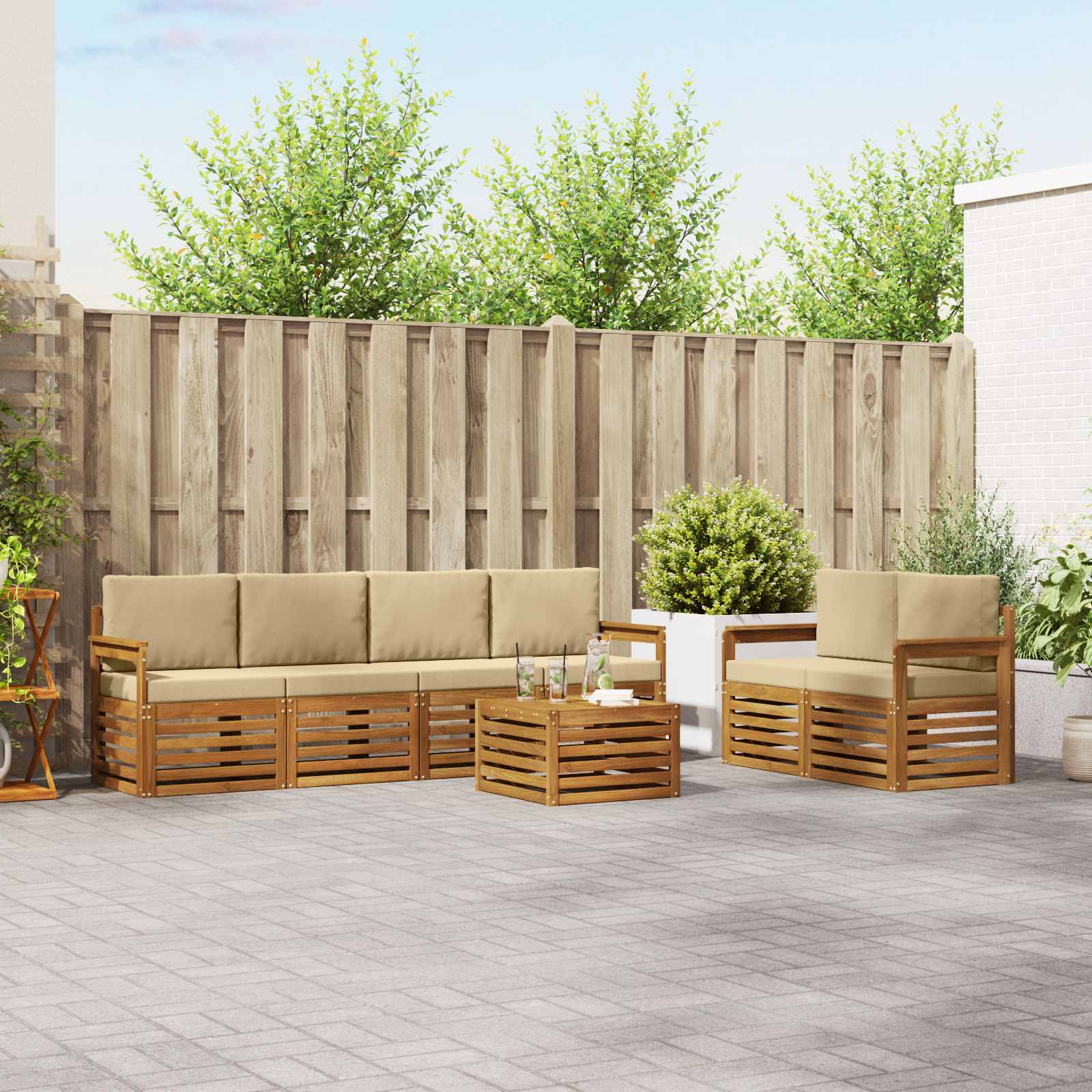 vidaXL Sofa-Sets 7 pcs Natuurlijk en Crème Massief Acaciahout