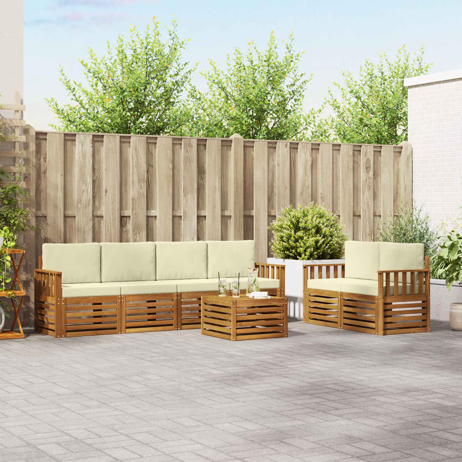 vidaXL Sofa-Sets 7 pcs Natuurlijk en Crème Massief Acaciahout