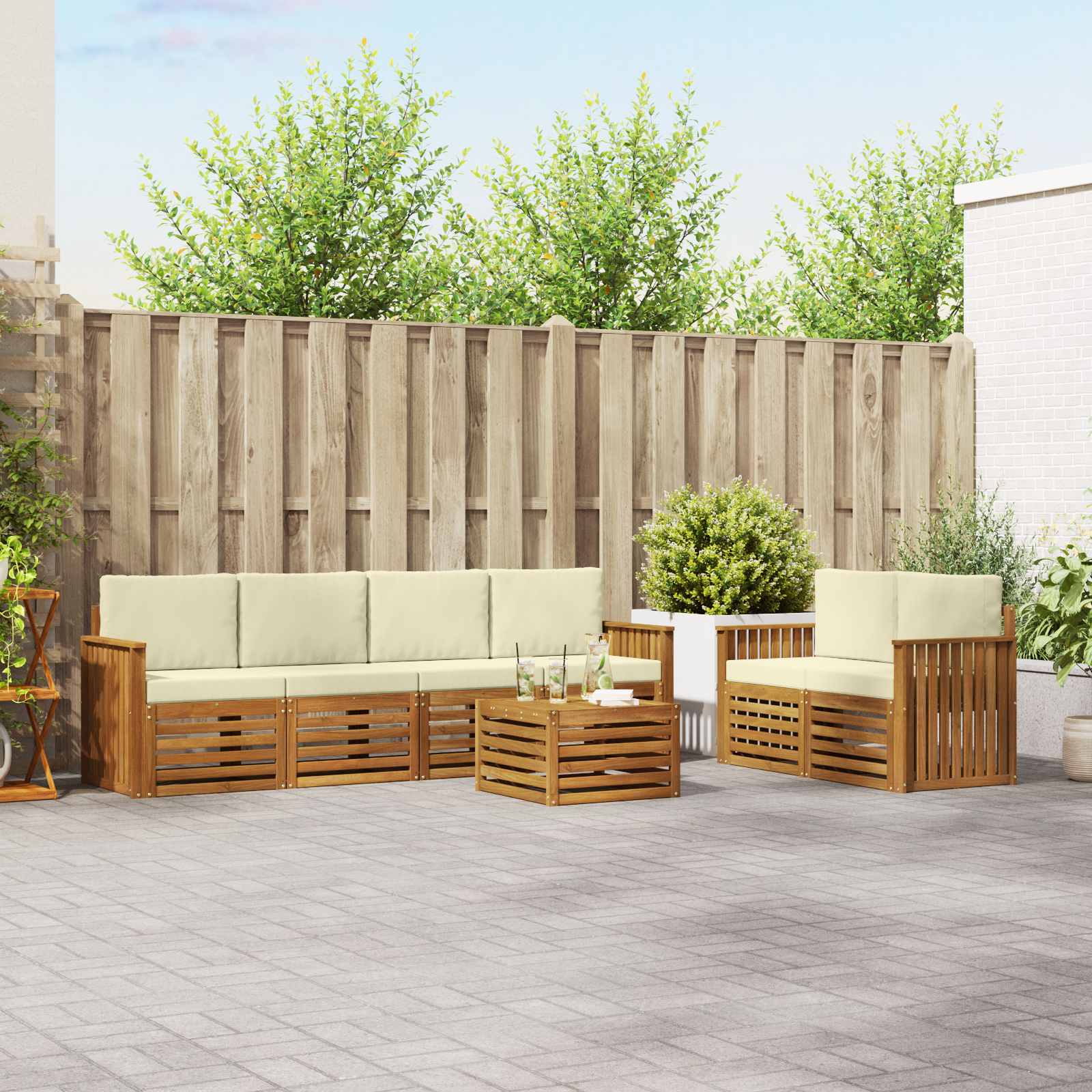 vidaXL Sofa-Sets 7 pcs Natuurlijk en Crème Massief Acaciahout