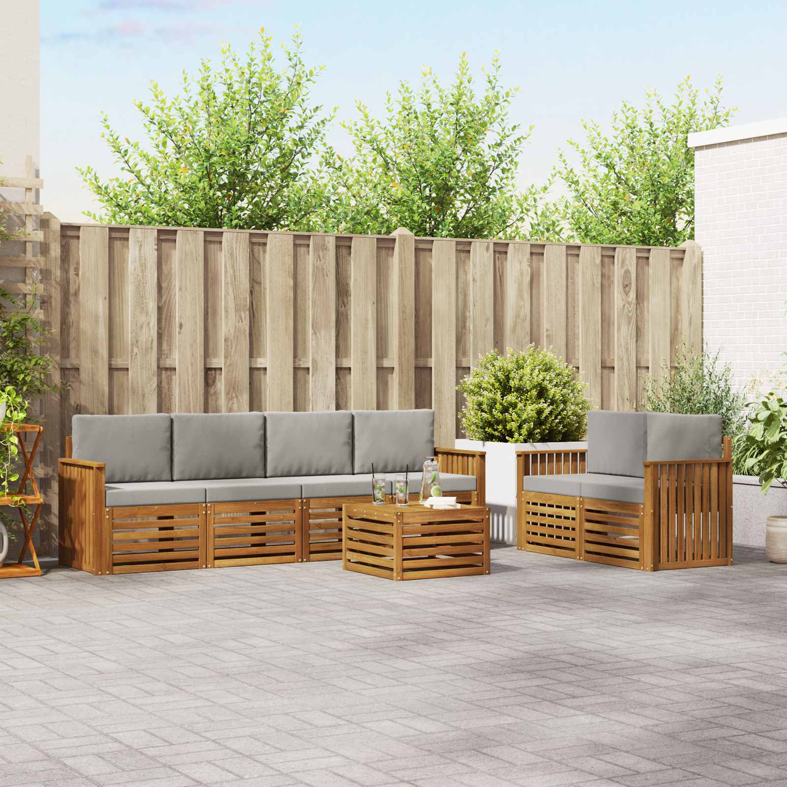 vidaXL Sofa-Sets 7 pcs Natuurlijk en Crème Massief Acaciahout