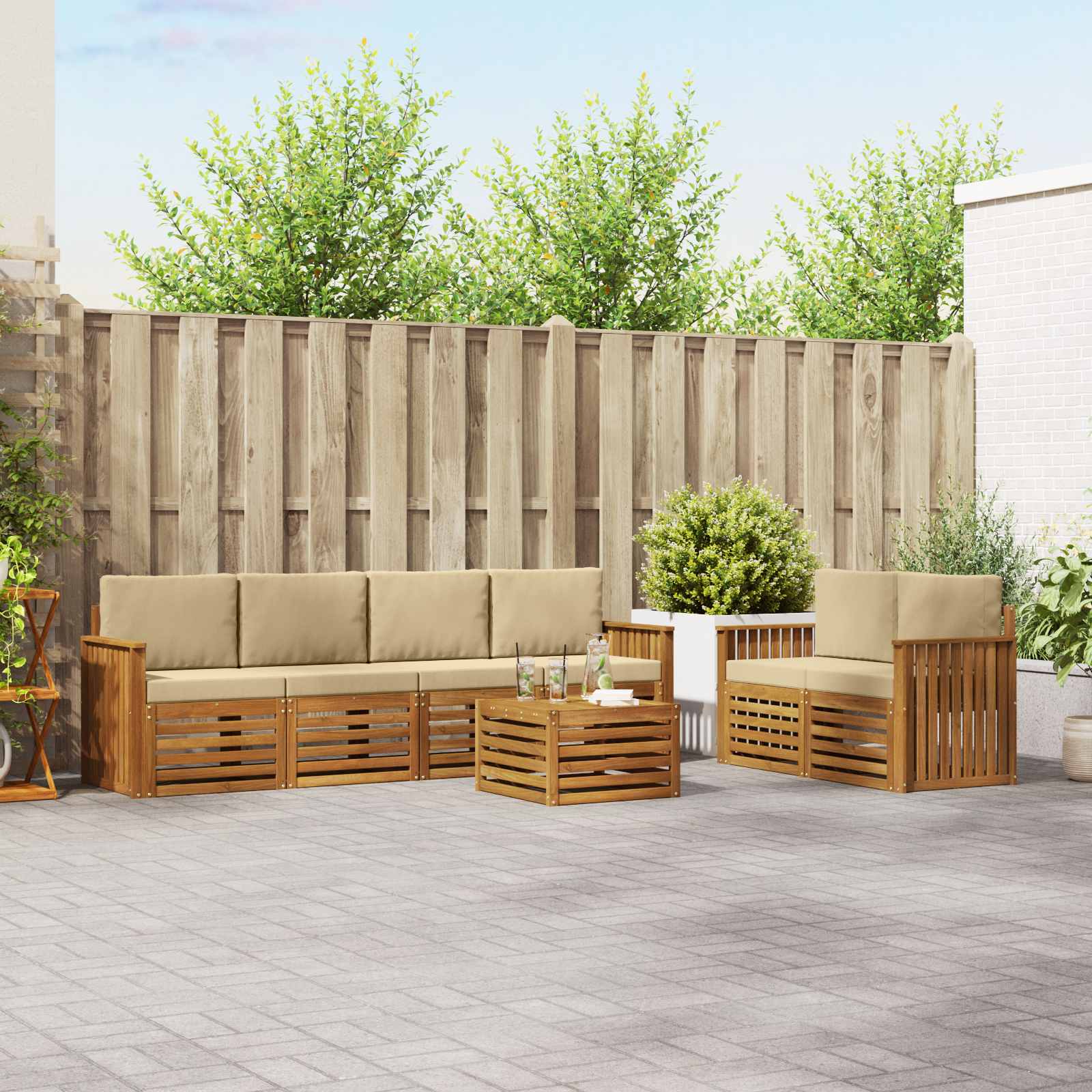 vidaXL Sofa-Sets 7 pcs Natuurlijk en Crème Massief Acaciahout