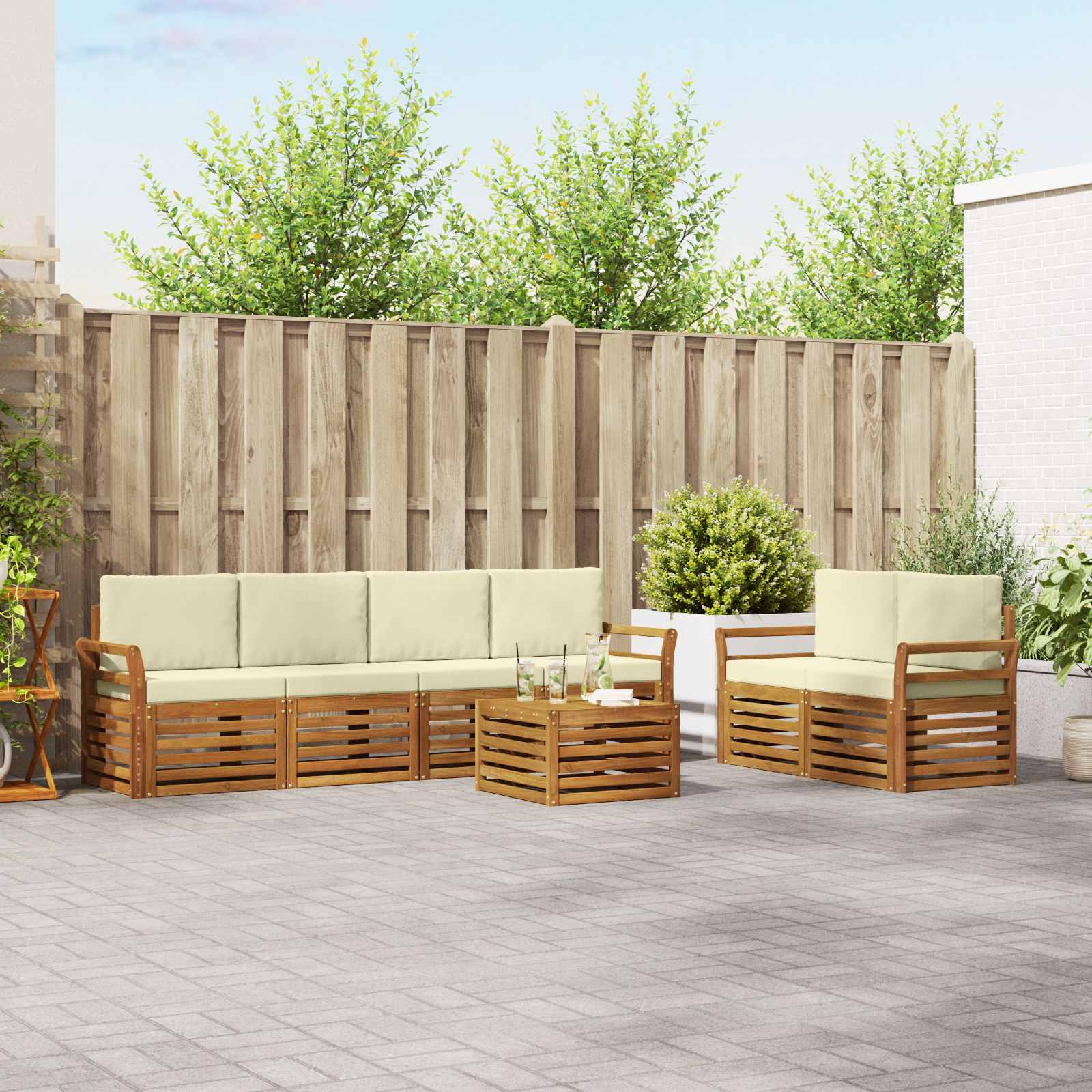 vidaXL Sofa-Sets 7 pcs Natuurlijk en Crème Massief Acaciahout