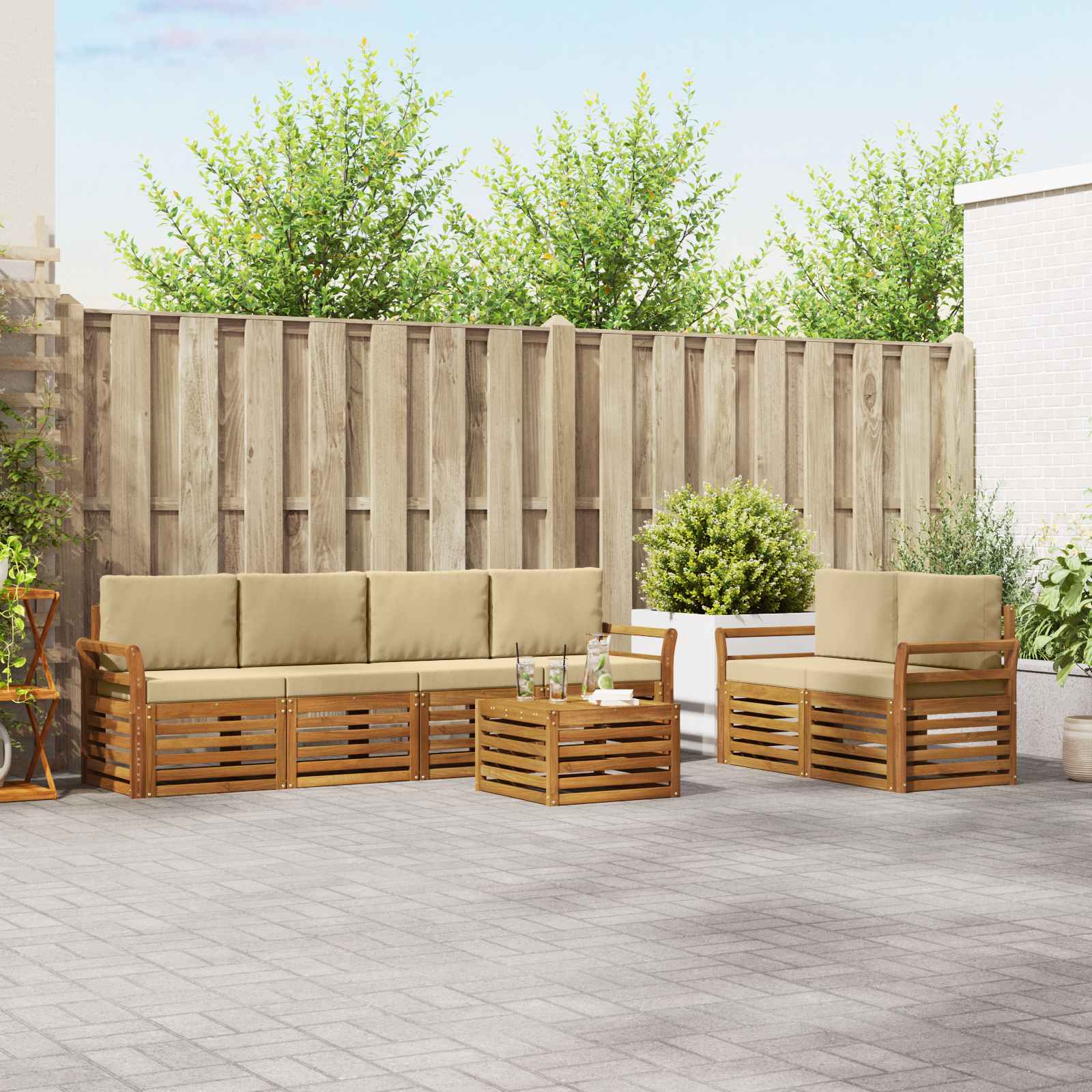vidaXL Sofa-Sets 7 pcs Natuurlijk en Crème Massief Acaciahout