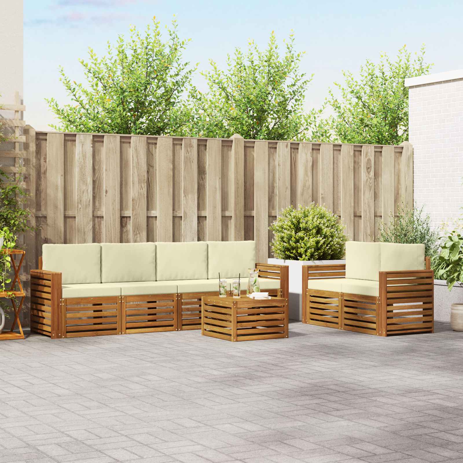 vidaXL Sofa-Sets 7 pcs Natuurlijk en Crème Massief Acaciahout