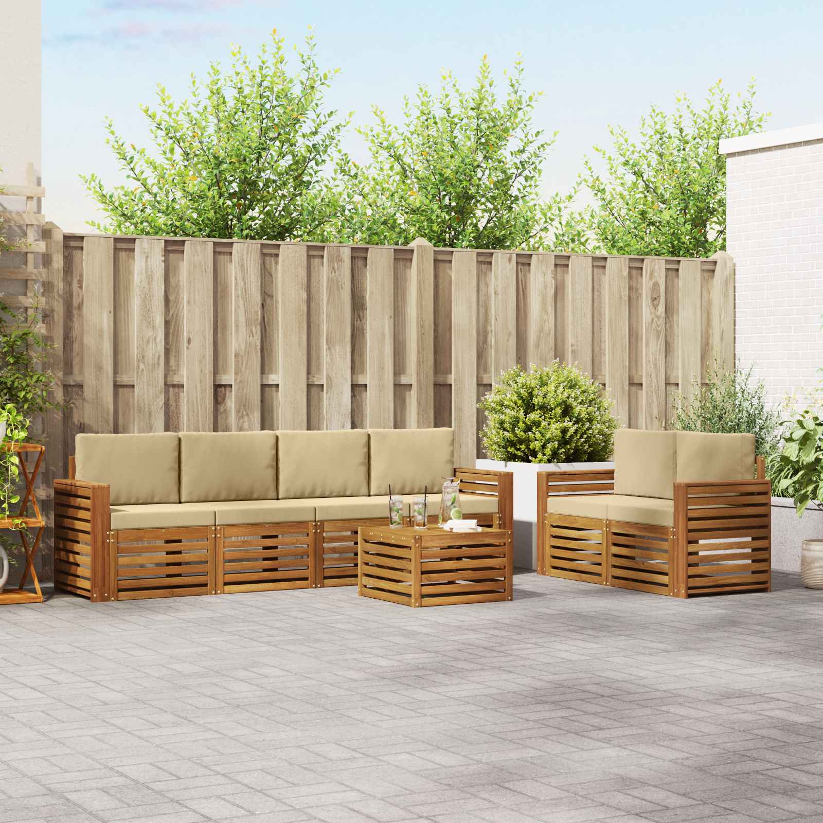 vidaXL Sofa-Sets 7 pcs Natuurlijk en Crème Massief Acaciahout