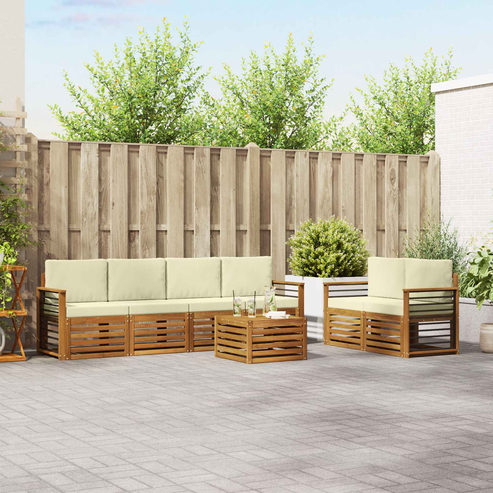 vidaXL Sofa-Sets 7 pcs Natuurlijk en Crème Massief Acaciahout