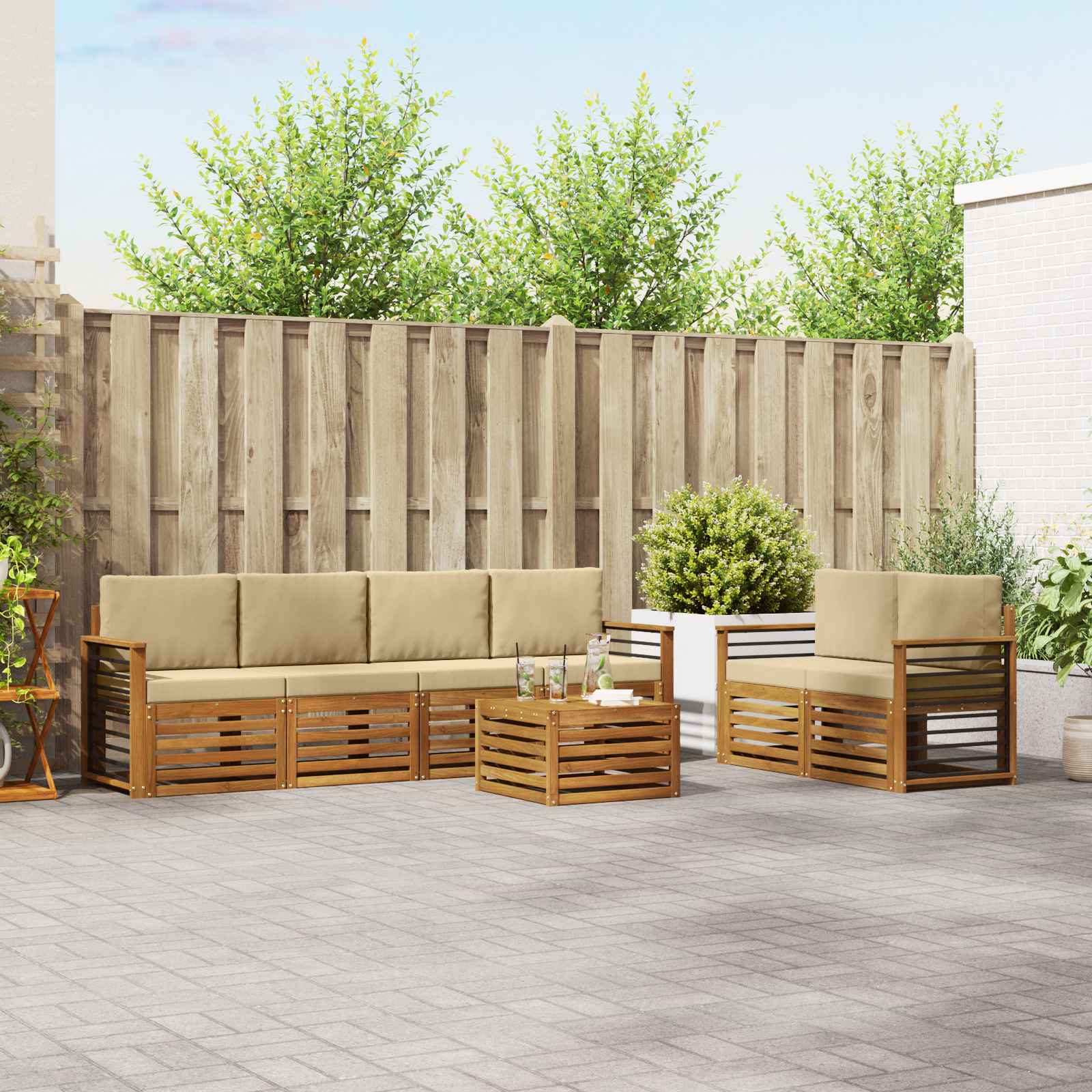 vidaXL Sofa-Sets 7 pcs Natuurlijk en Crème Massief Acaciahout