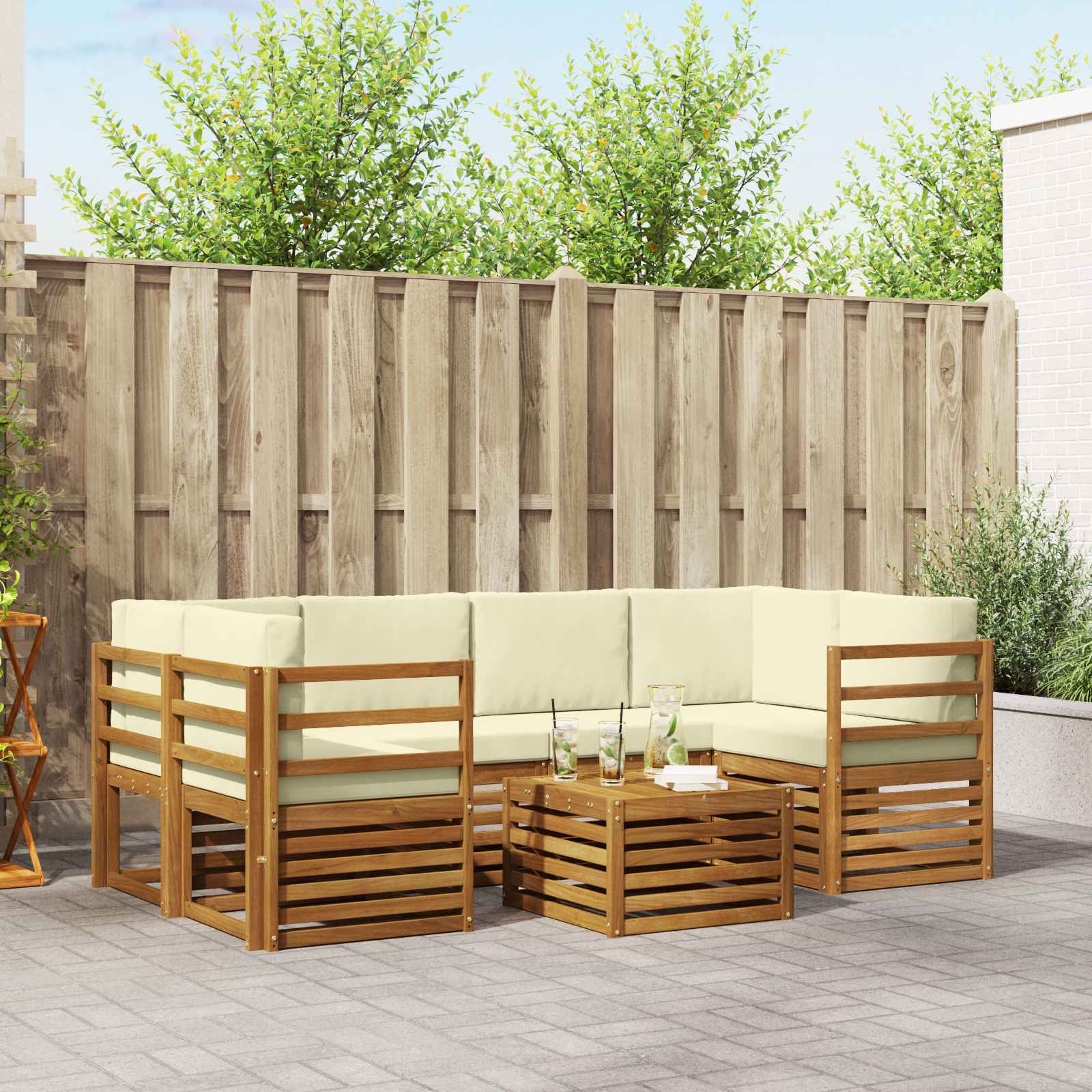 vidaXL Sofa-Sets 7 pcs Natuurlijk en Crème Massief Acaciahout