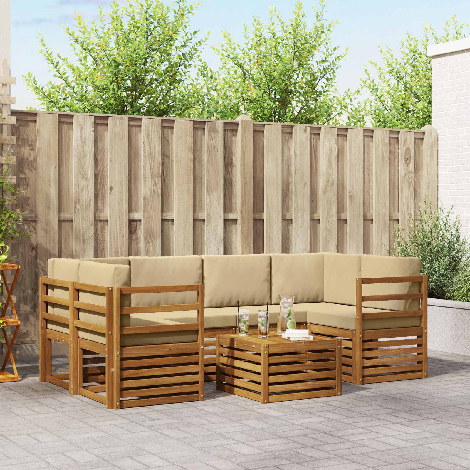 vidaXL Sofa-Sets 7 pcs Natuurlijk en Crème Massief Acaciahout