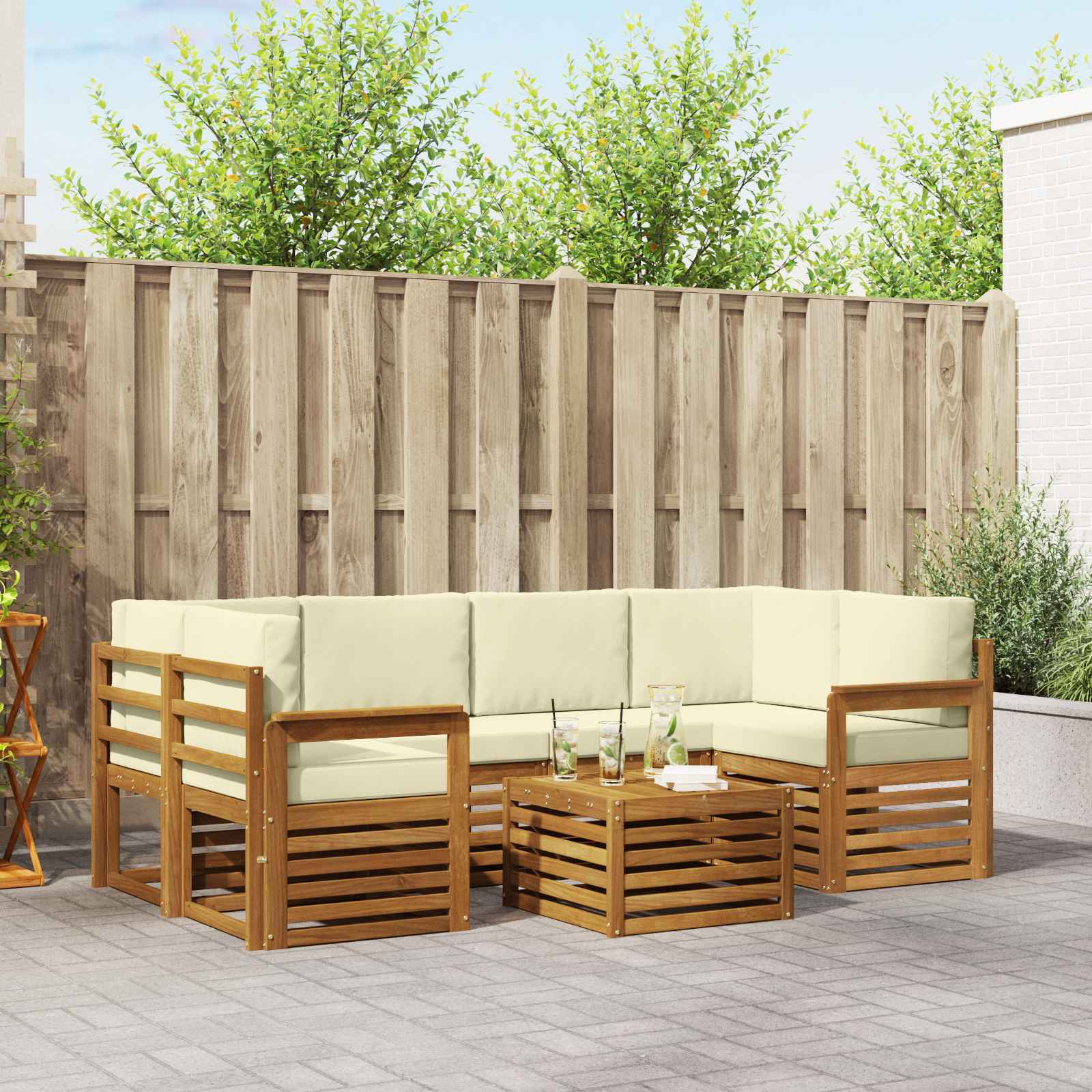 vidaXL Sofa-Sets 7 pcs Natuurlijk en Crème Massief Acaciahout