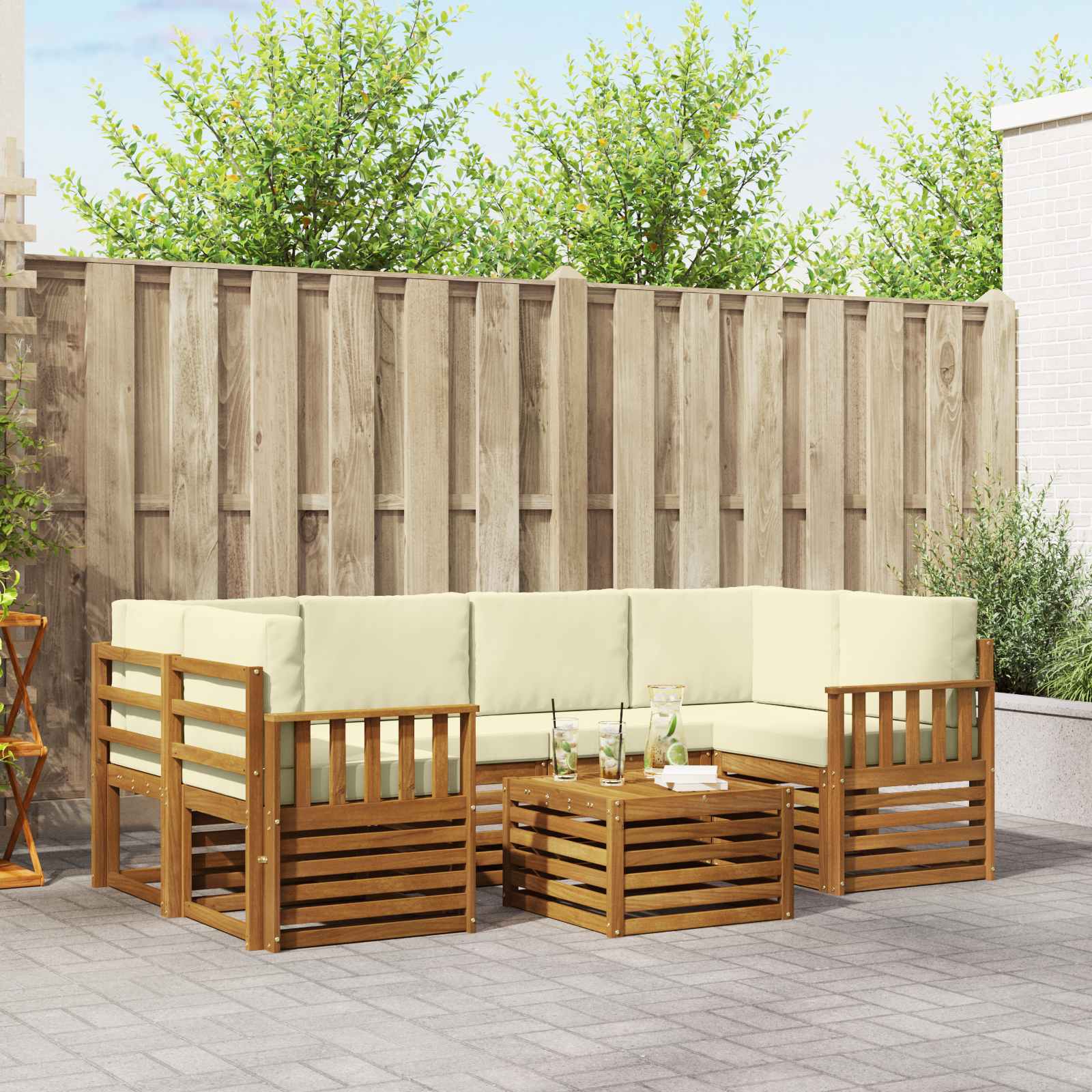 vidaXL Sofa-Sets 7 pcs Natuurlijk en Crème Massief Acaciahout