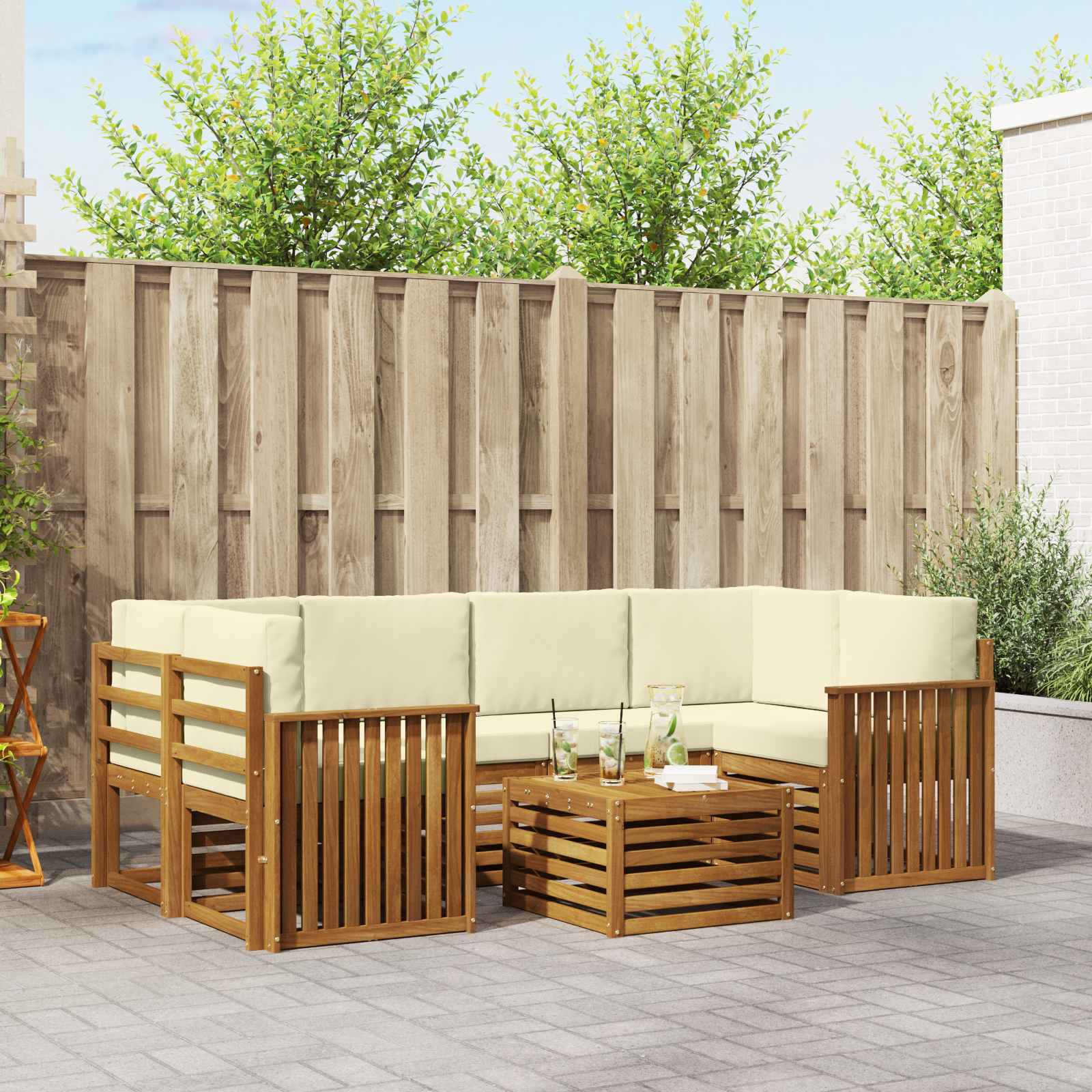 vidaXL Sofa-Sets 7 pcs Natuurlijk en Crème Massief Acaciahout