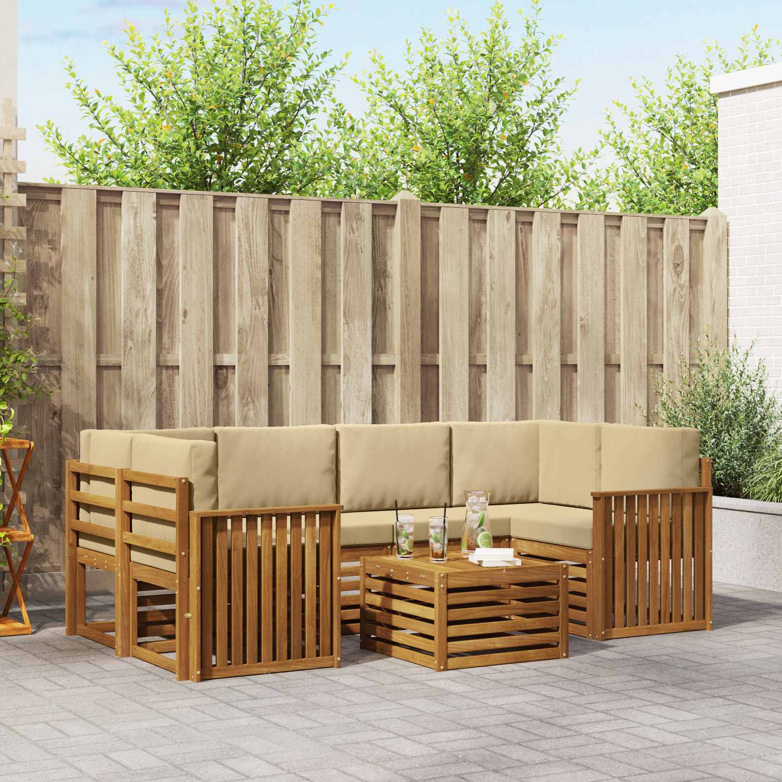 vidaXL Sofa-Sets 7 pcs Natuurlijk en Crème Massief Acaciahout