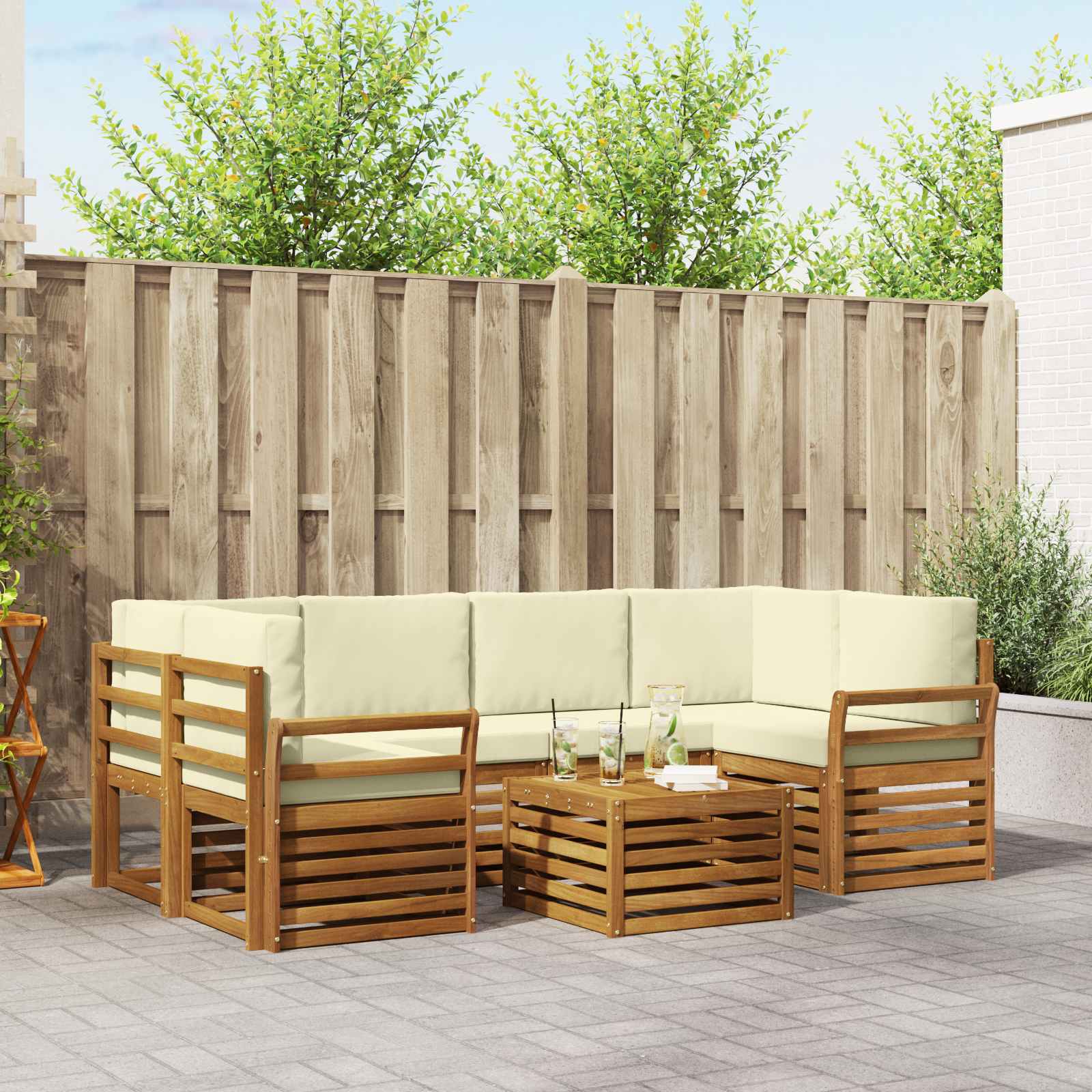 vidaXL Sofa-Sets 7 pcs Natuurlijk en Crème Massief Acaciahout