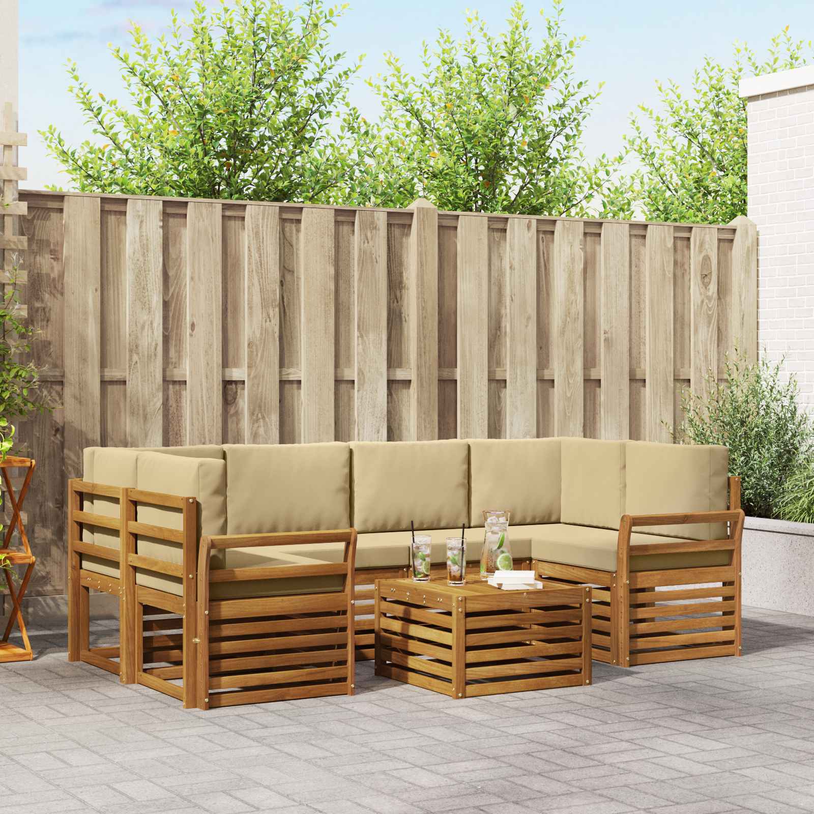 vidaXL Sofa-Sets 7 pcs Natuurlijk en Crème Massief Acaciahout