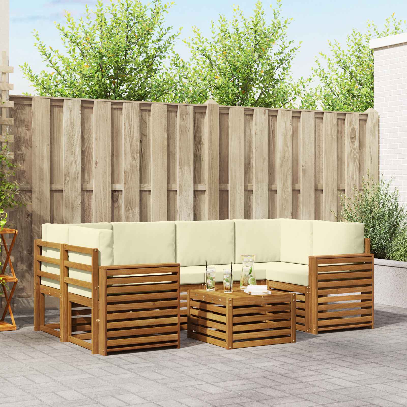 vidaXL Sofa-Sets 7 pcs Natuurlijk en Crème Massief Acaciahout