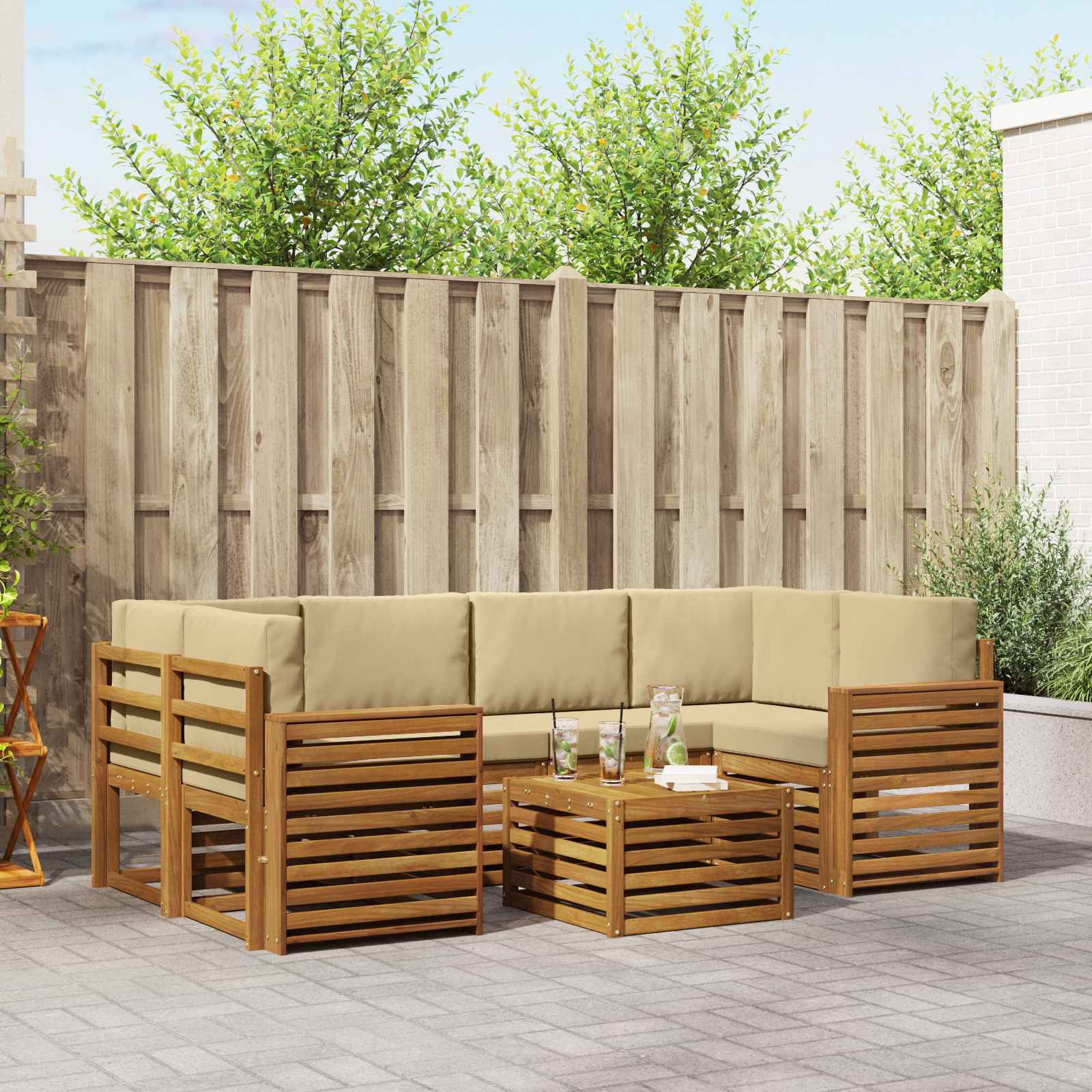 vidaXL Sofa-Sets 7 pcs Natuurlijk en Crème Massief Acaciahout