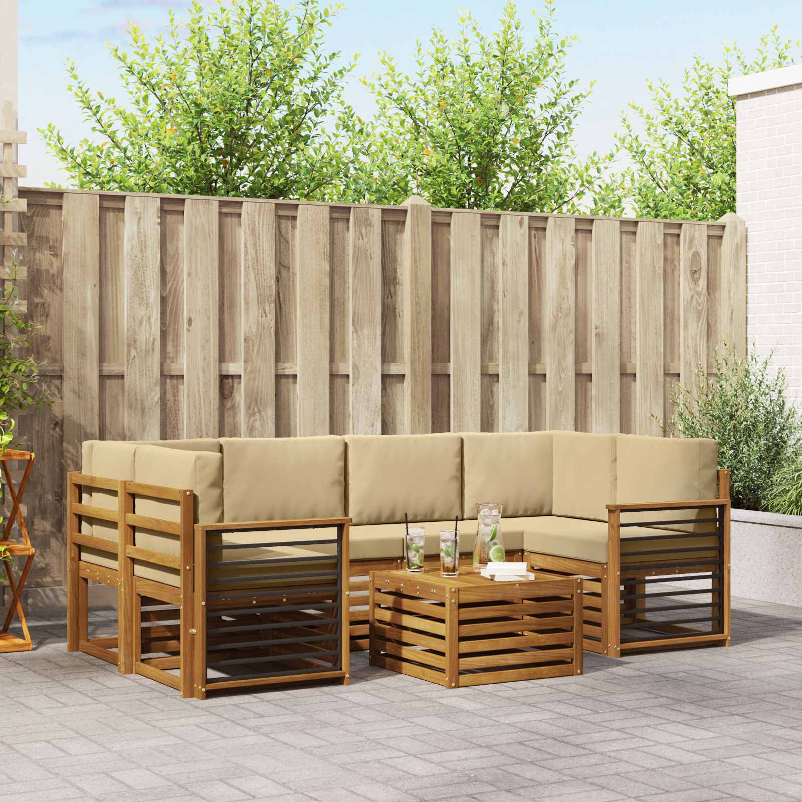 vidaXL Sofa-Sets 7 pcs Natuurlijk en Crème Massief Acaciahout