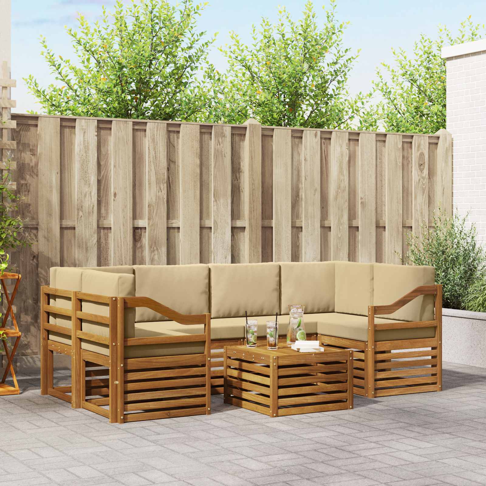 vidaXL Sofa-Sets 7 pcs Natuurlijk en Crème Massief Acaciahout
