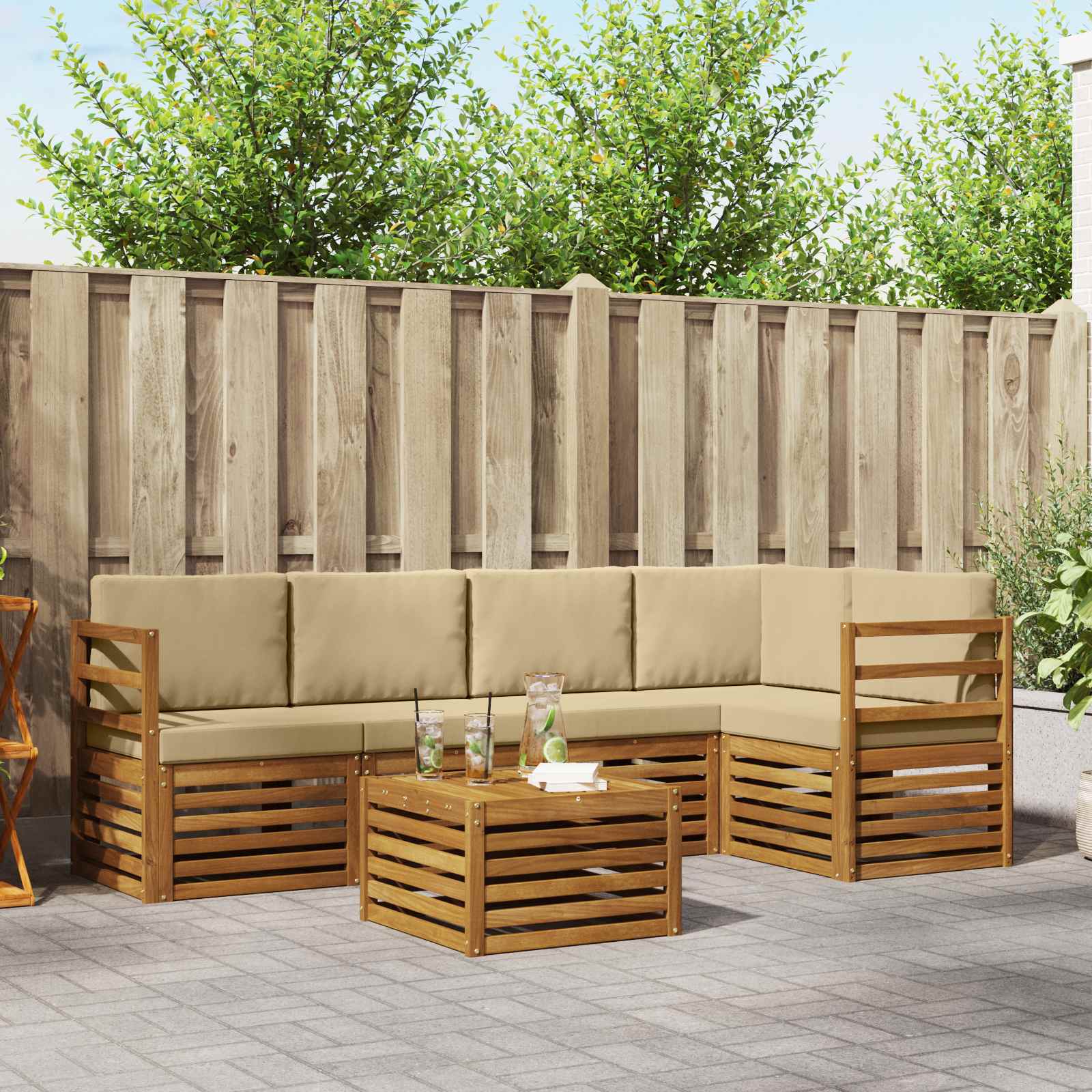 vidaXL Sofa-Sets 6 pcs Natuurlijk en Crème Massief Acaciahout